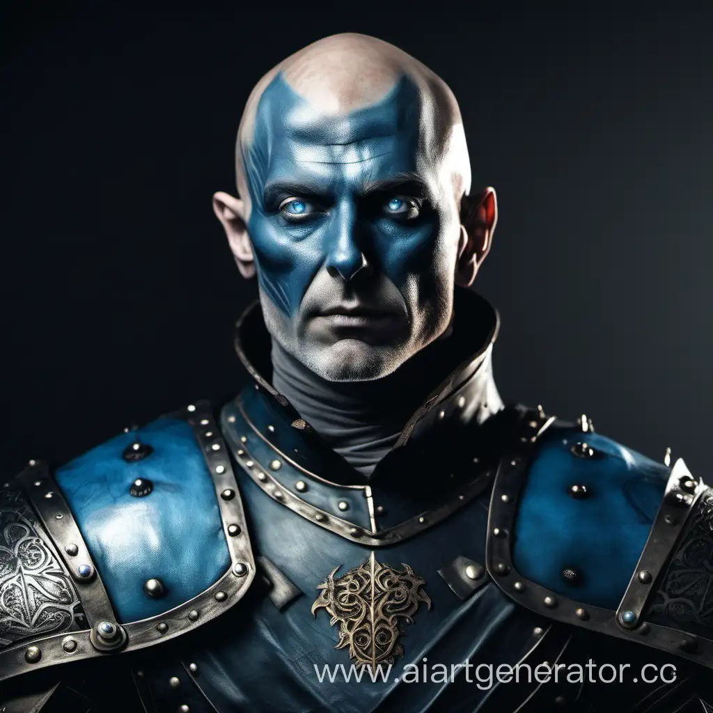 Thin bald Medieval man with blue skin on his face and neck, blue eyes and he is wearing Leather Armor