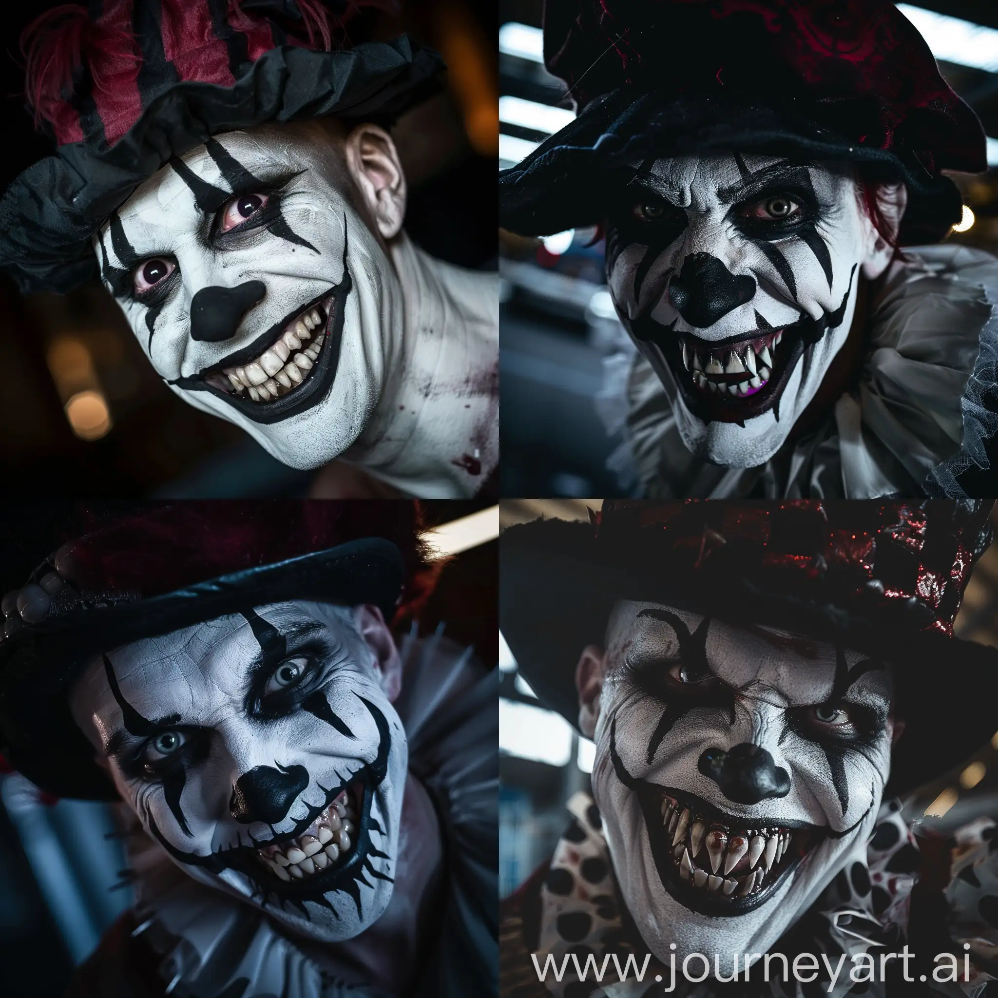Man with white facepaint, black lips, big sharp teeth, smiling, black and dark red clown hat, close up to face, at dark warehouse, his eyes are scary, dramatic lighting