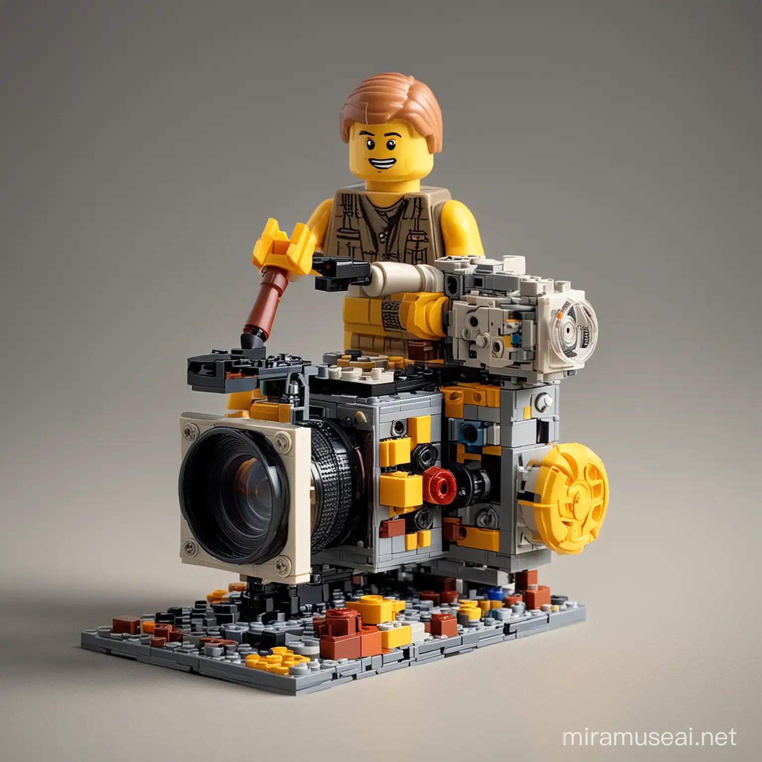video camera made of lego bricks half built, being assemble by working man,