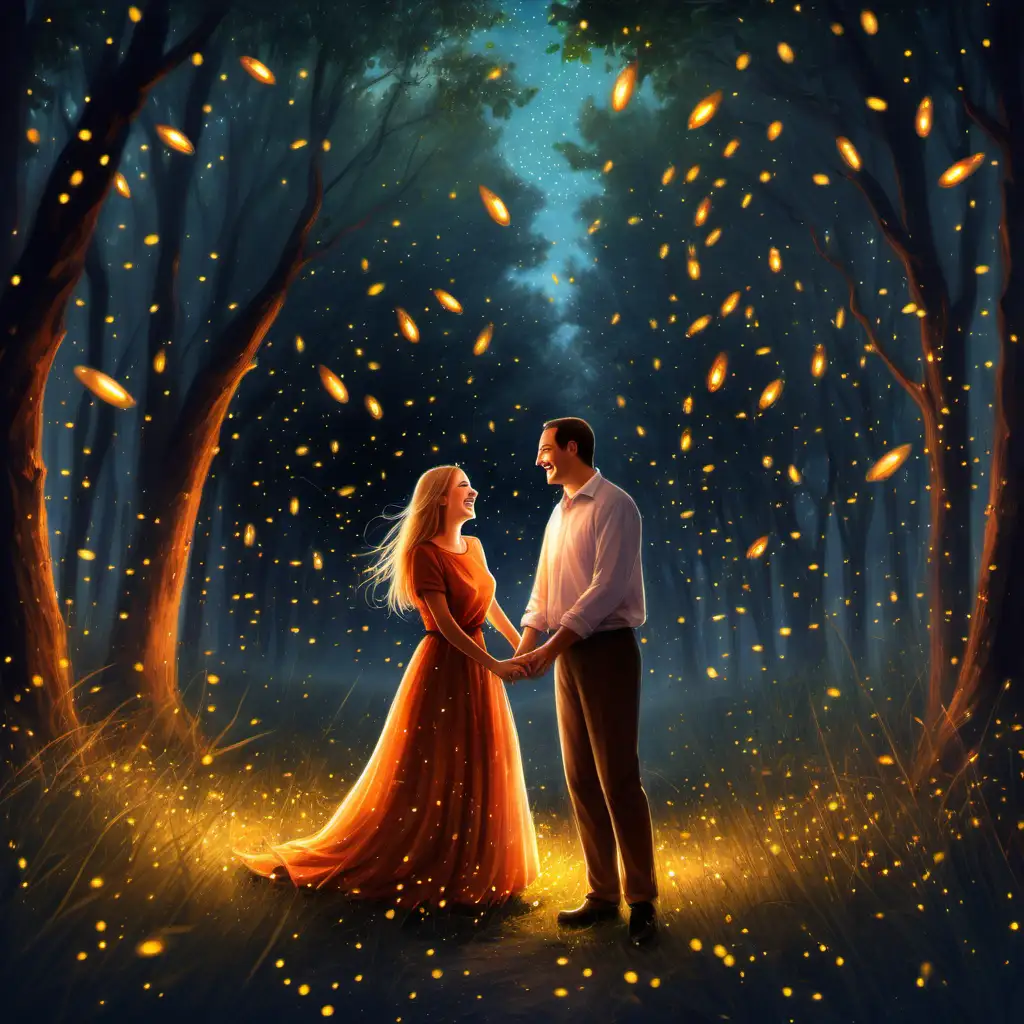 Happy Central European Couple Surrounded by Enchanting Fireflies and Firebirds