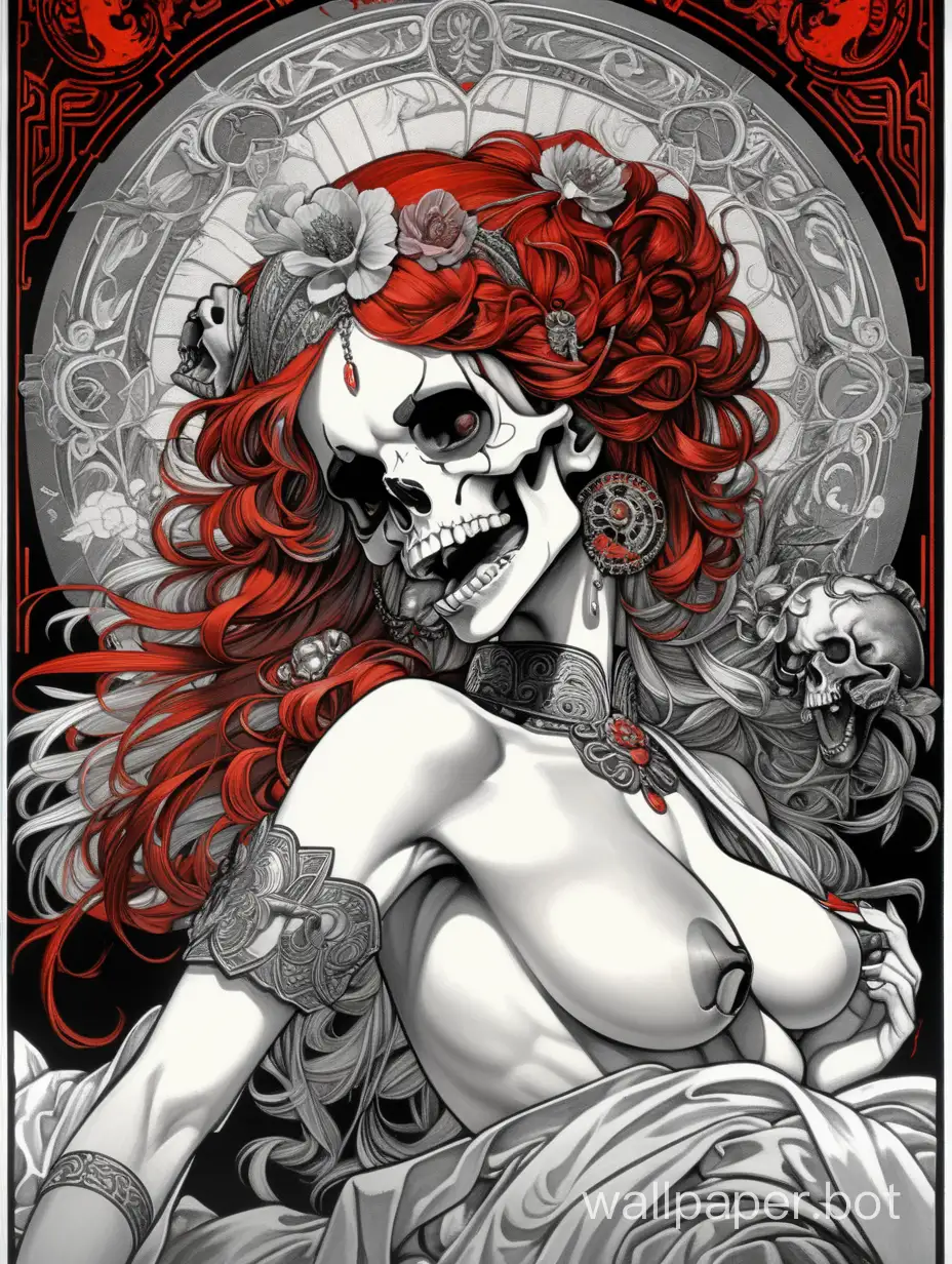 skull odalisque, sexy face, sexy open mouth with tongue, chaos ornamental, explosive hair, open dancing arms, darkness, assimetrical, chinese poster, torn poster edge, alphonse mucha hiperdetailed, highcontrast, black white dark red gray, explosive dripping  colors, sticker art