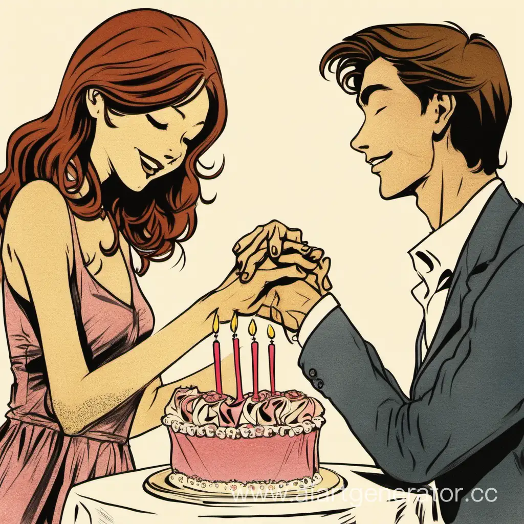 A young woman holding his lover's hand, celebrating her birthday 