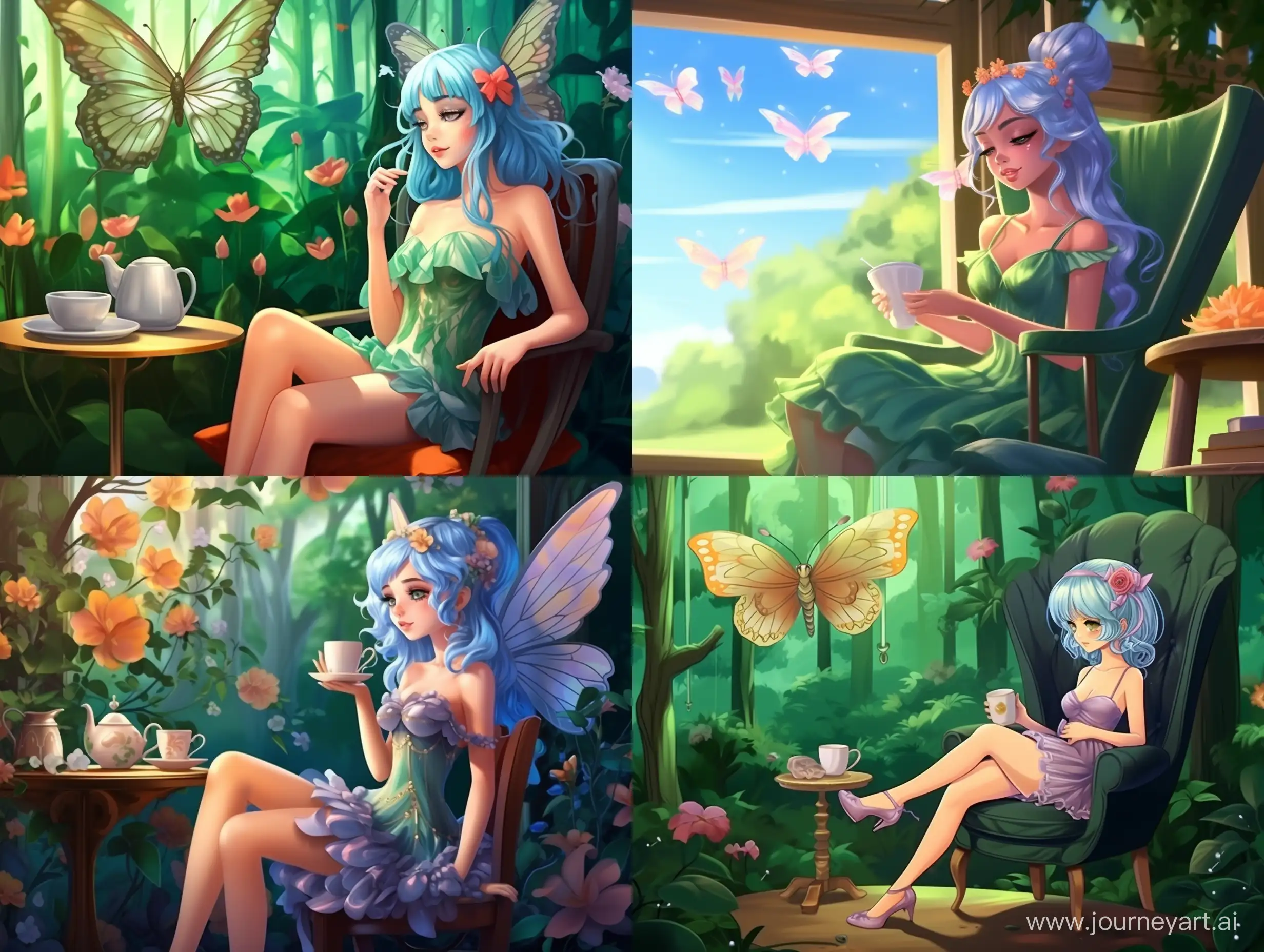 Enchanting-Anime-Scene-GreenHaired-Fairy-Sipping-Tea-in-a-Morning-Forest-Glade