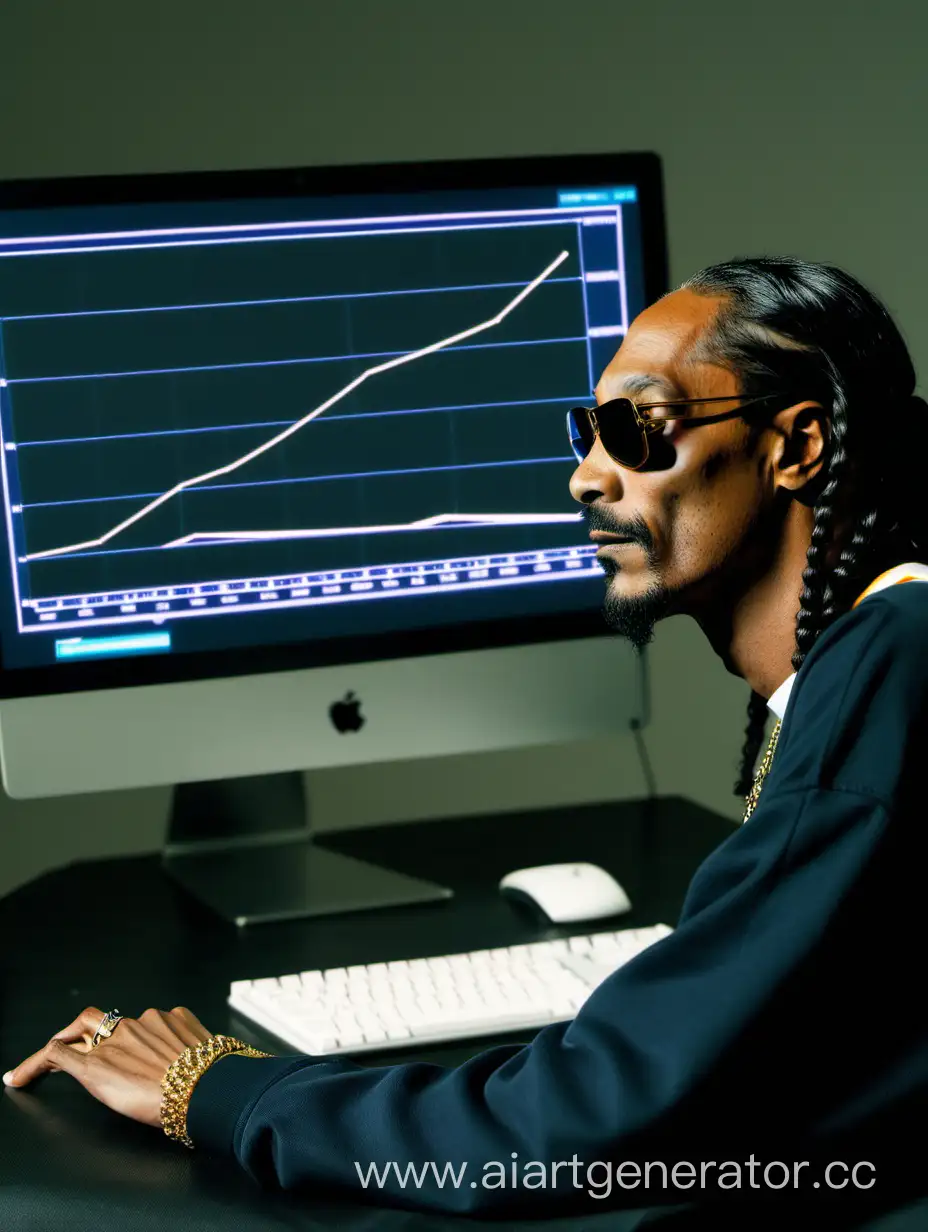 Snoop Dogg is sitting at the computer. A graph is visible on the computer, which is growing
