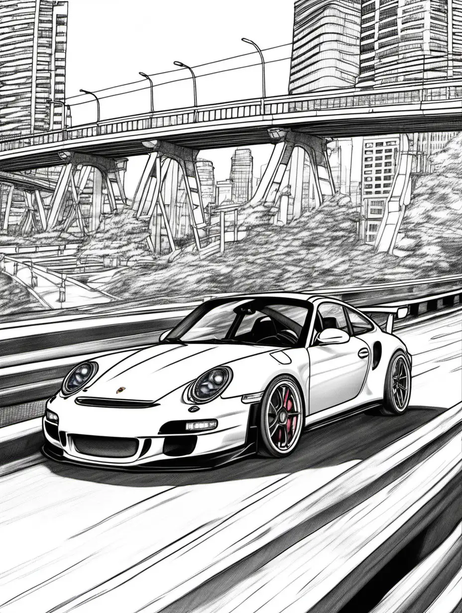 2023 Porsche GT3 Driving on Bridge Coloring Page