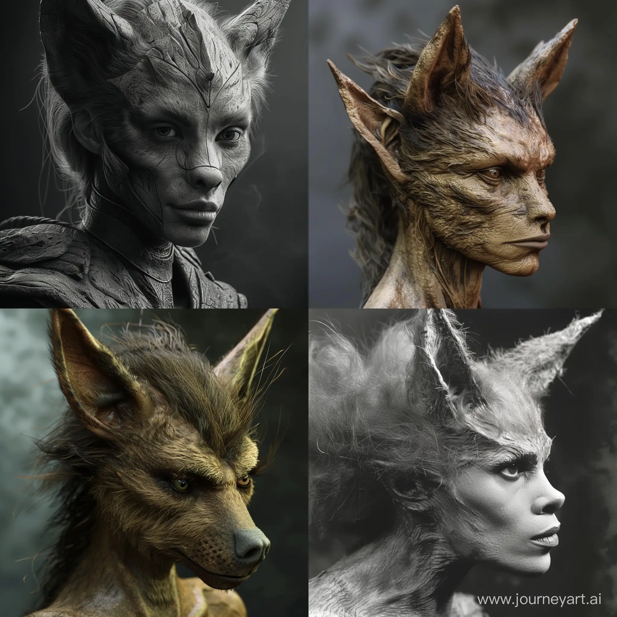 Werewolf female, human like, ears are pointed up and extrude from top of head