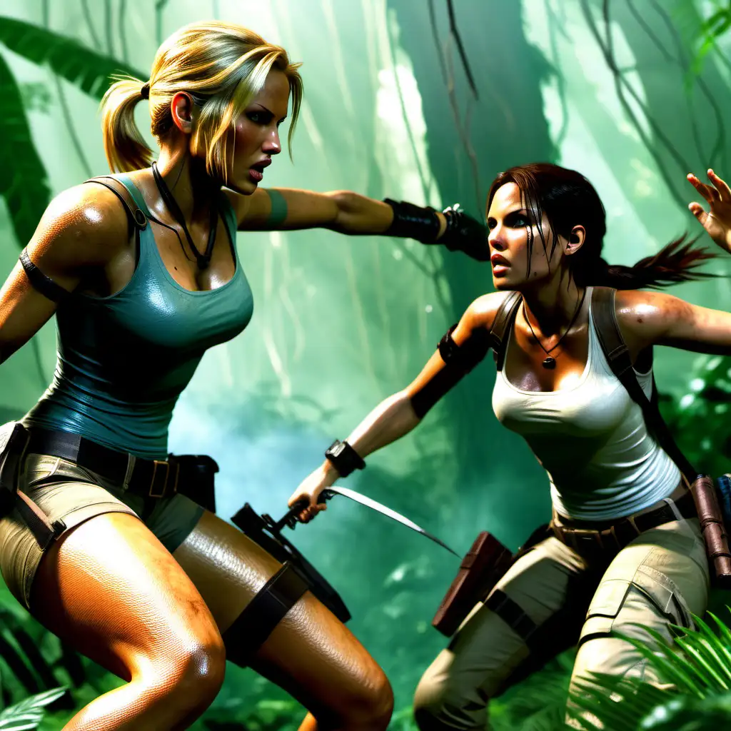 
lara croft fights with her blonde rival in a rainforest 