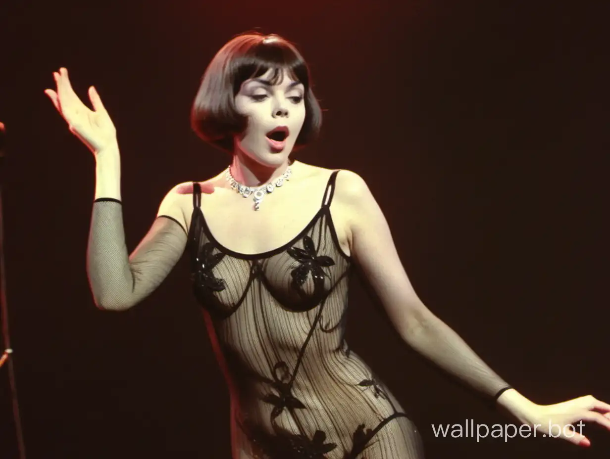 Mireille Mathieu girl 18 yo in prity bodystocking jewelry in full growth singin on the cabaret stage 