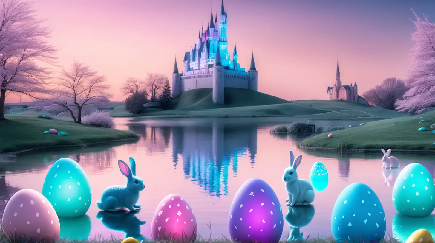 colorful easter eggs, glowing pond, magical castle, one small pastel pink-rabbit, one small pastel purple-rabbit, one small pastel blue-rabbit, 