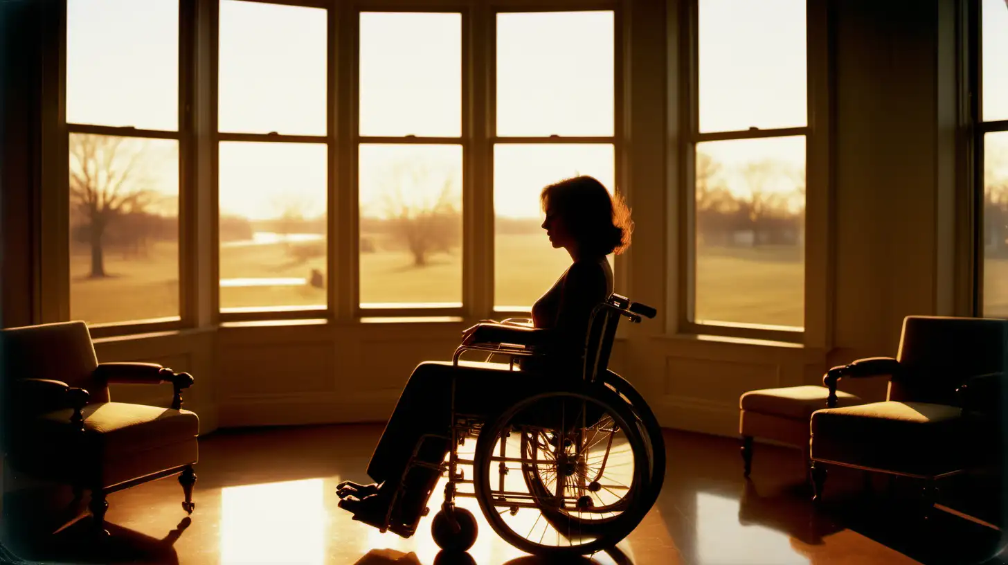 Brunette Woman in Wheelchair with Vintage Dcor in Golden Hour Reflections