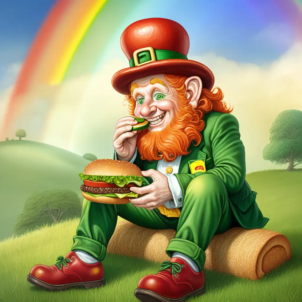 Leprechaun sitting on a grass hill eating a hamburger sandwich with tomato and pickle.  He is looking at the rainbow in the background.  no keywords