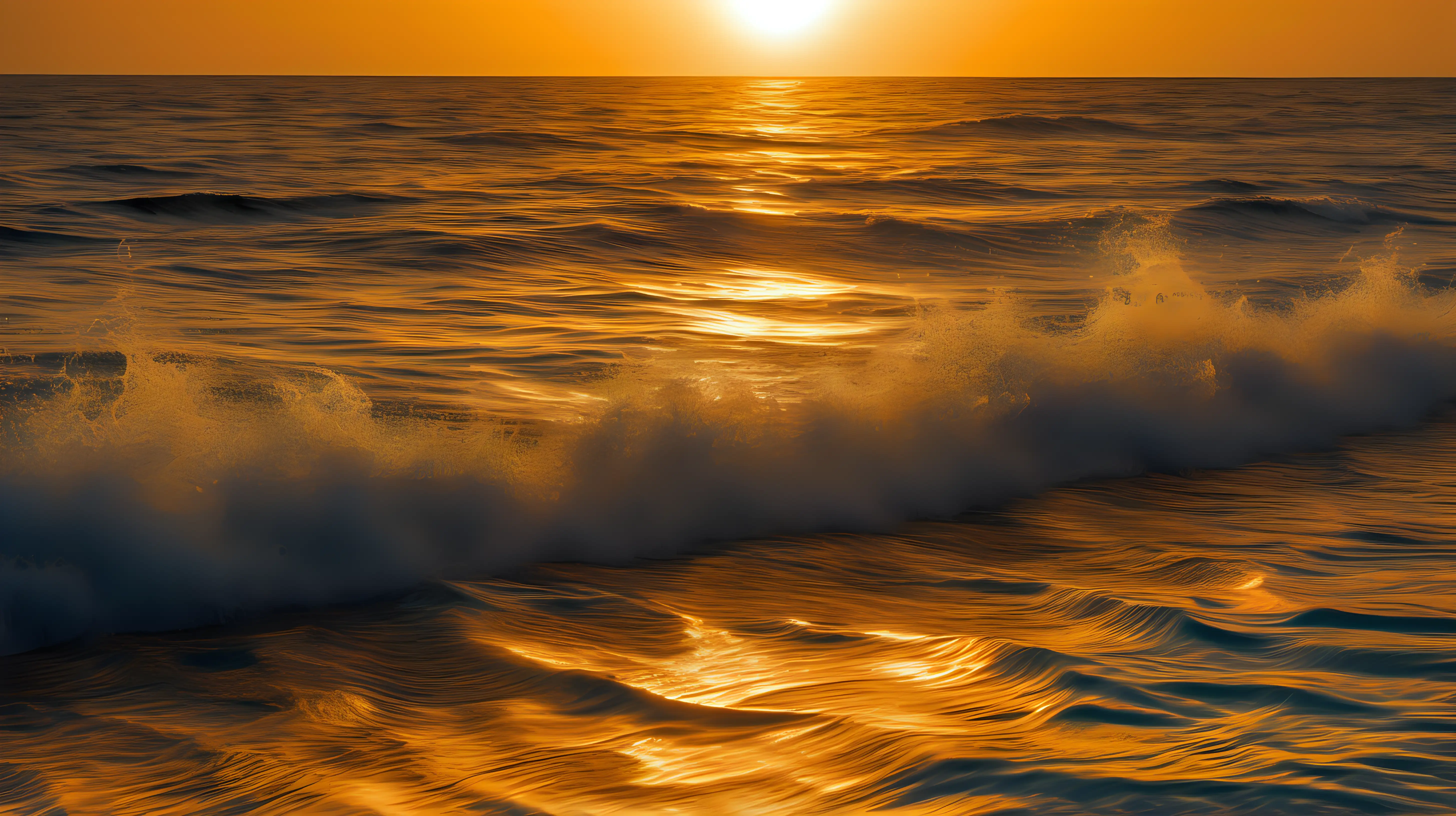 A mosaic of golden reflections dancing on the rippling waves of an endless ocean, kissed by the setting sun