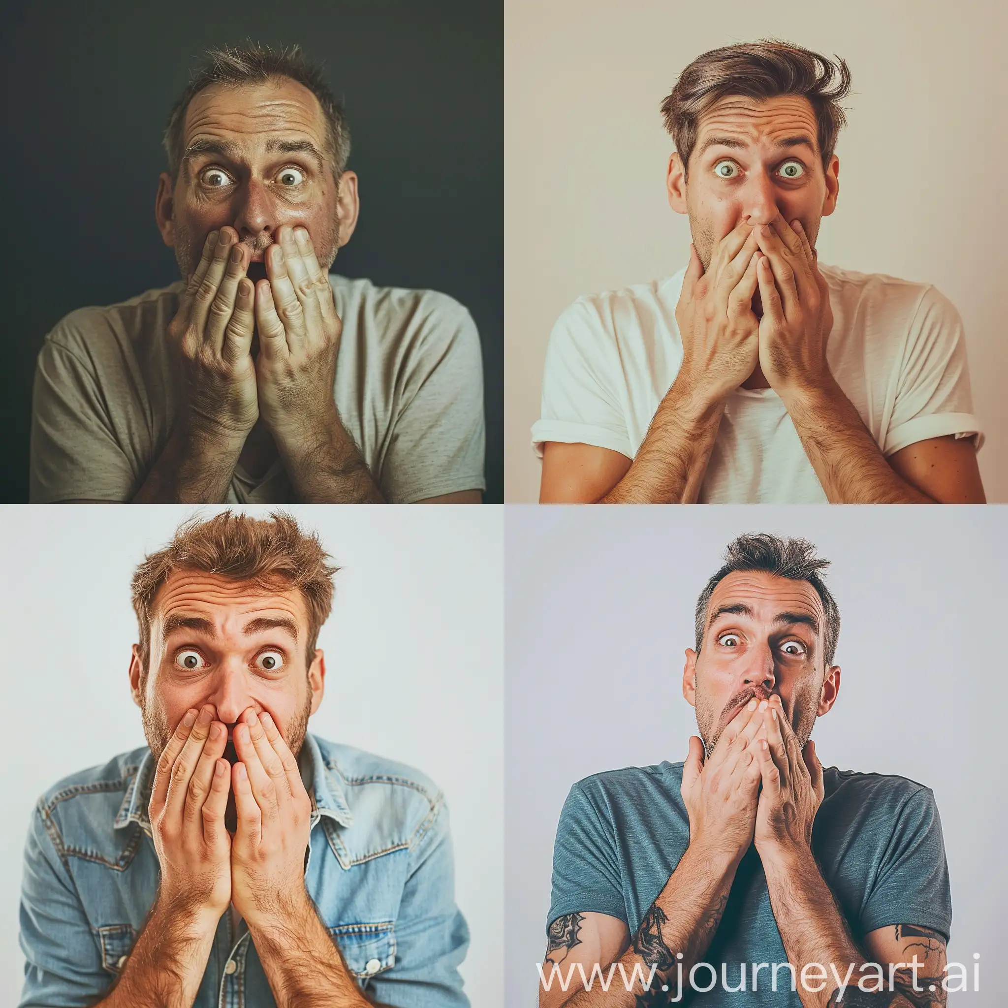 Real photo with natural light of surprised man with hands over mouth.