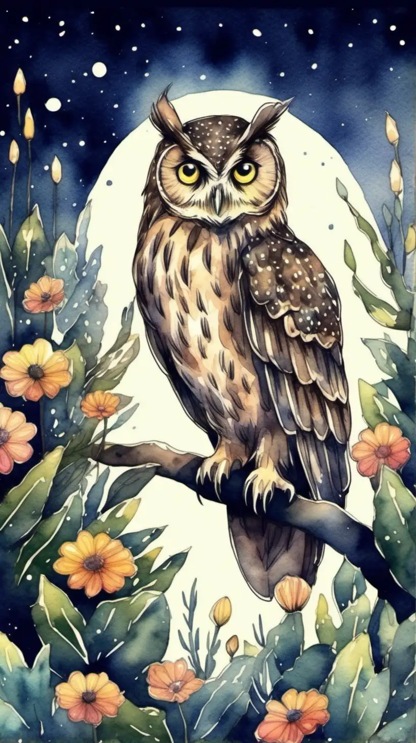 an owl in a garden at night time watercolor style