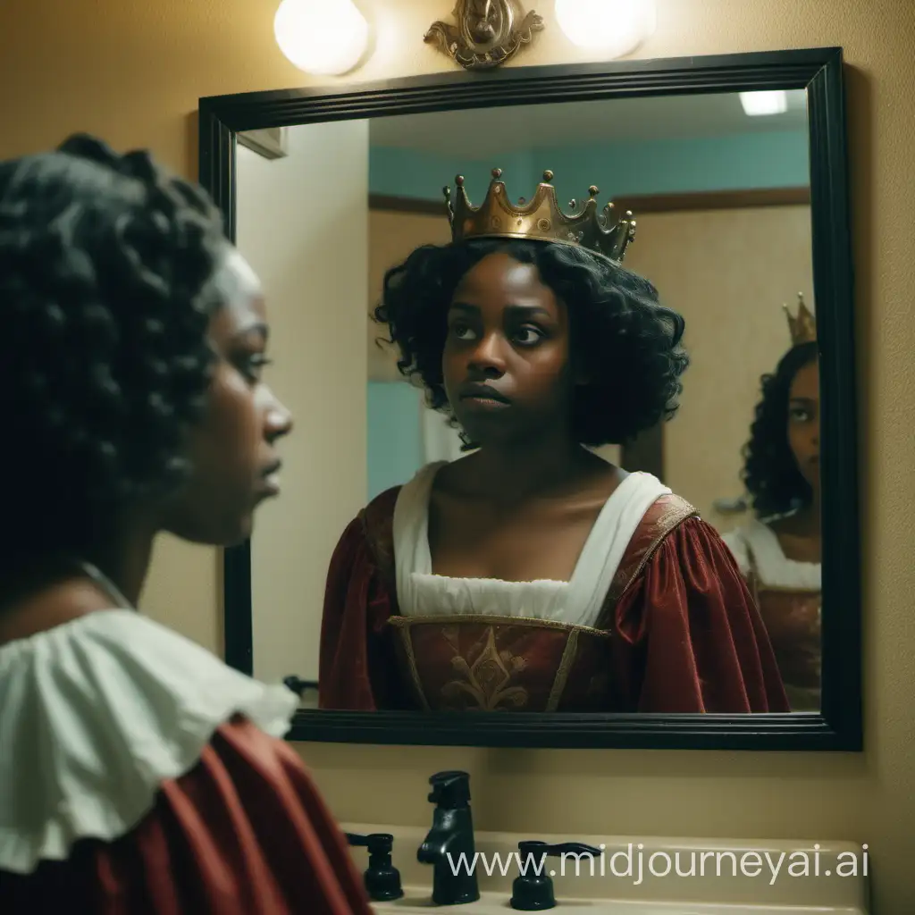 In the same frame, we see an uncertain black girl look at herself in a dingy motel bathroom mirror and sees the reflection of a regal confident medieval Queen 