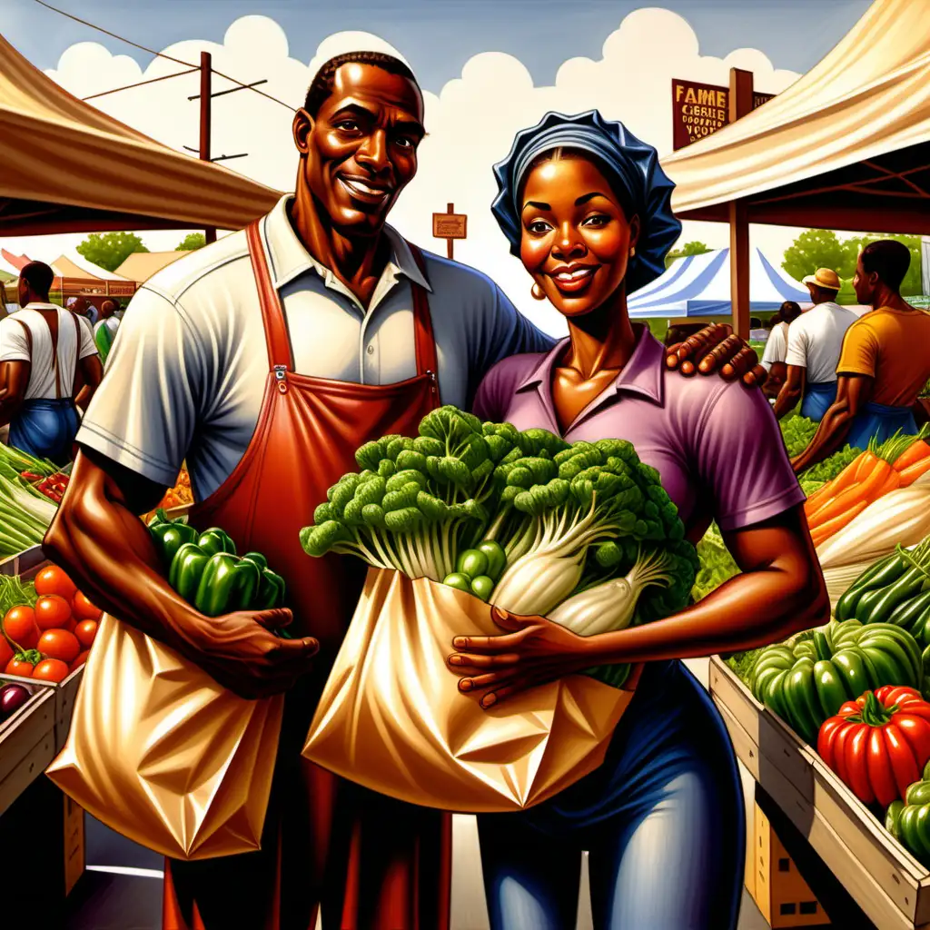 African American Couple with Fresh Vegetables Ernie Barnes Inspired Cartoon