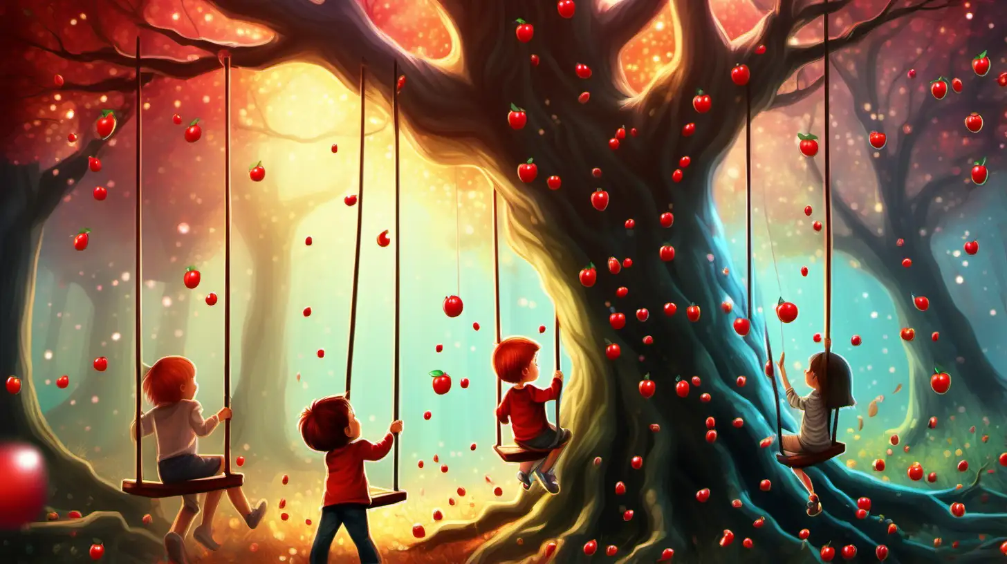 Magical Forest Scene Children Swinging from Candy Tree
