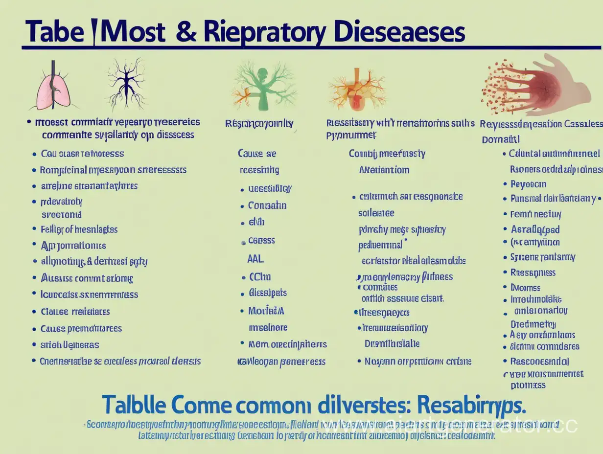 таблица с самыми распространёнными заболеваниями дыхания которая включает в себя: причину, симптомы, профилактика, лечение.