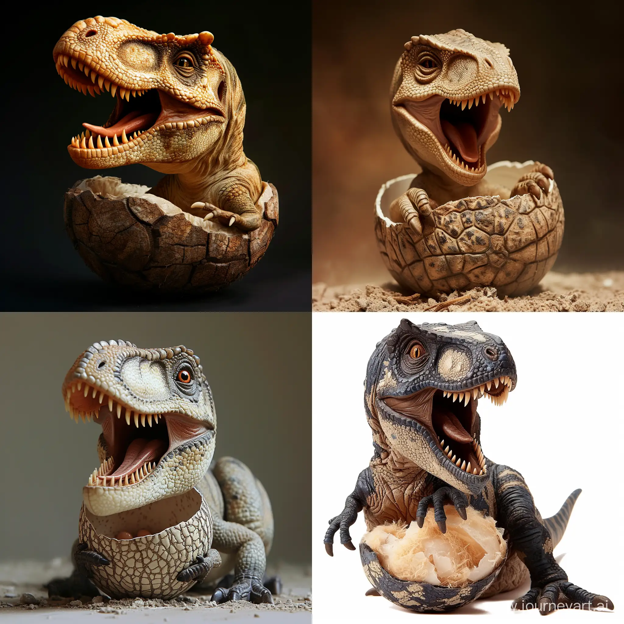 A baby dinosaur hatching and laughing - no background and completely realistic with high detail