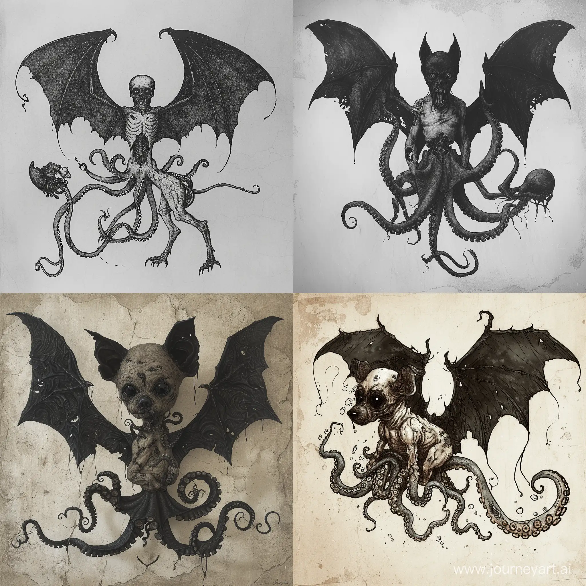 chimera, with bat wings, octopus tentacles, pure black eyes, terrible wounds on the body, on the tail the body of a dog, and in the fur of the soul