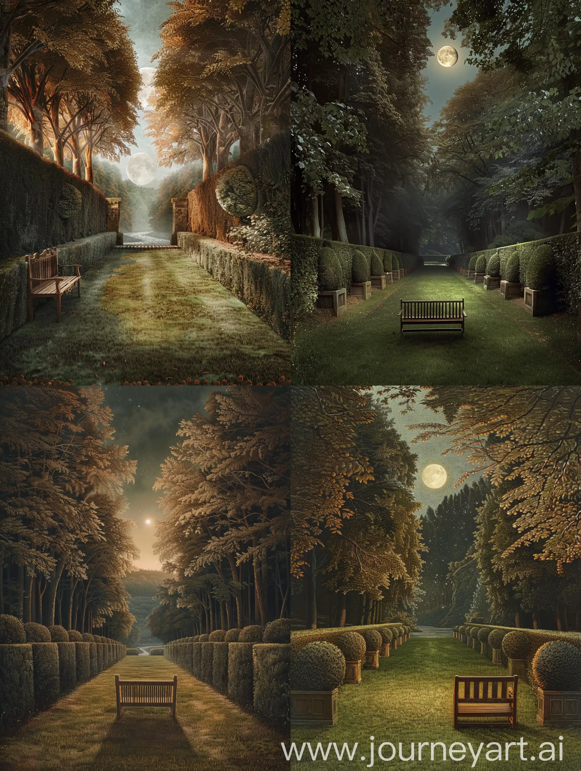 Moonlit-Avenue-with-Chestnut-Trees-and-Wooden-Bench