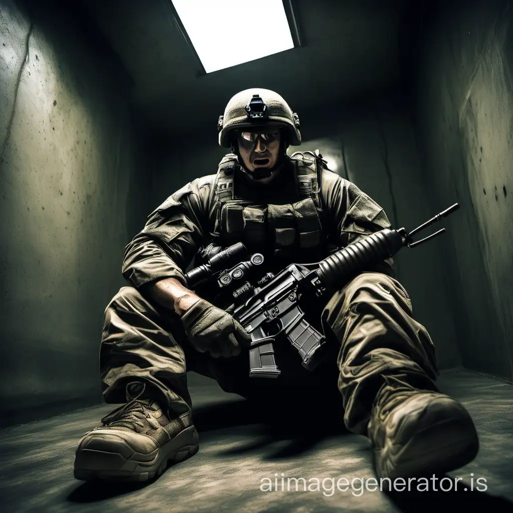 A giant special forces soldier squeezed into a small cramped room, sitting. The camera looks up at this giant special forces soldier, then zooms in. The small room can hardly contain this giant special forces soldier. The scene is shocking, full of pressure and dignity. Handsome, domineering, and dignified giant special forces soldier. Sharp gaze, strong physique. The huge size is suffocating. The giant special forces soldier is extremely fearsome and extremely awe-inspiring. Close-up of the feet, an upward perspective emphasizing the giant size and power of the special forces soldier. The camera is extremely close to him, conveying a strong sense of oppression from the giant size of the special forces soldier. Intense visual impact.
