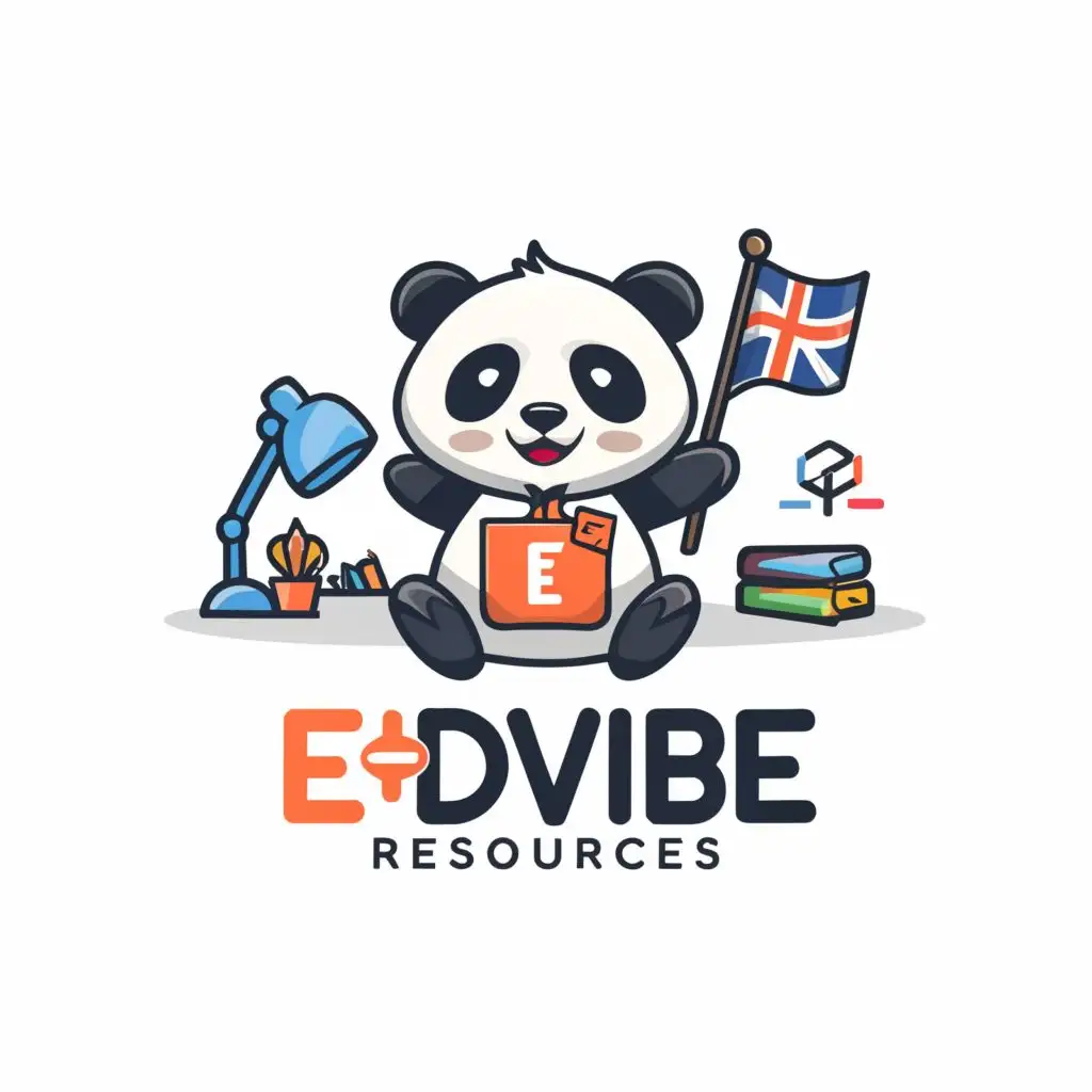 a logo design,with the text "Edvibe resources", main symbol:panda, english flag, study, whiteboard, pen, textbooks,complex,be used in Education industry,clear background