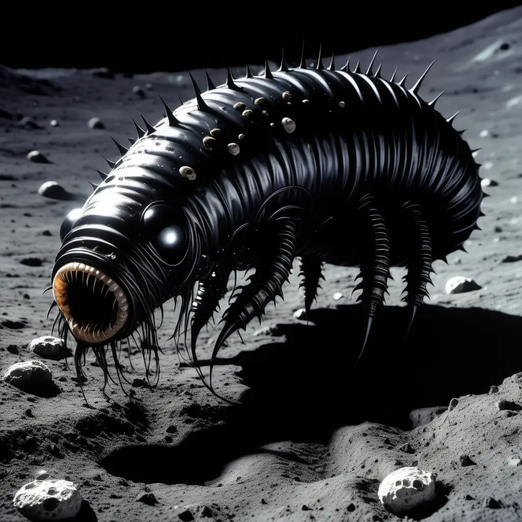 a small creaturethat looks like a mix between a maggot and eel. .It is eating through an astronats suit on the moon.  It has  rows of barbed spines and it is obsidion black. It have mandibles and it can burrow throuch rock. it looks terrifying and hundreds of them bored through an  astronauts suits and ate him in seconds. it is obsidian balck and eats astronauts
 

