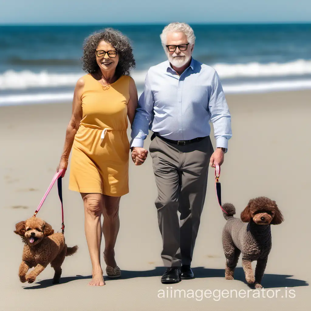 50 year old Brazilian black curly hair tan year old woman and 60 year old white man curly brown hair with glasses holding hands on a beach with a brown toy poodle dog and a gray British Shorthair cat