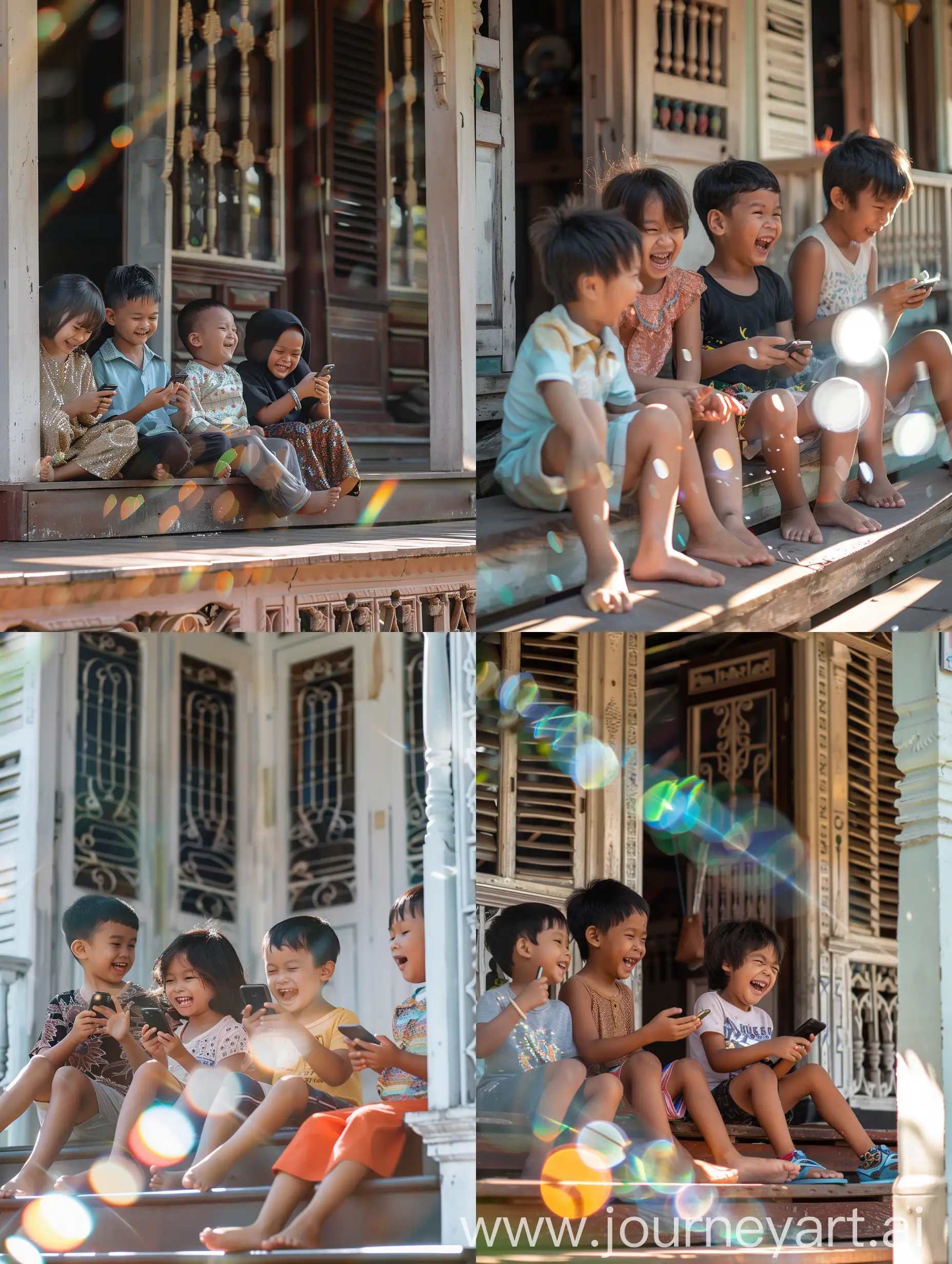 cloe up, 3 Malay children are sitting on the porch steps of a classic Malay house. each laughing while looking at each other's cell phones. there is refraction of sunlight. canon eos-id x mark iii dslr --v 6.0
