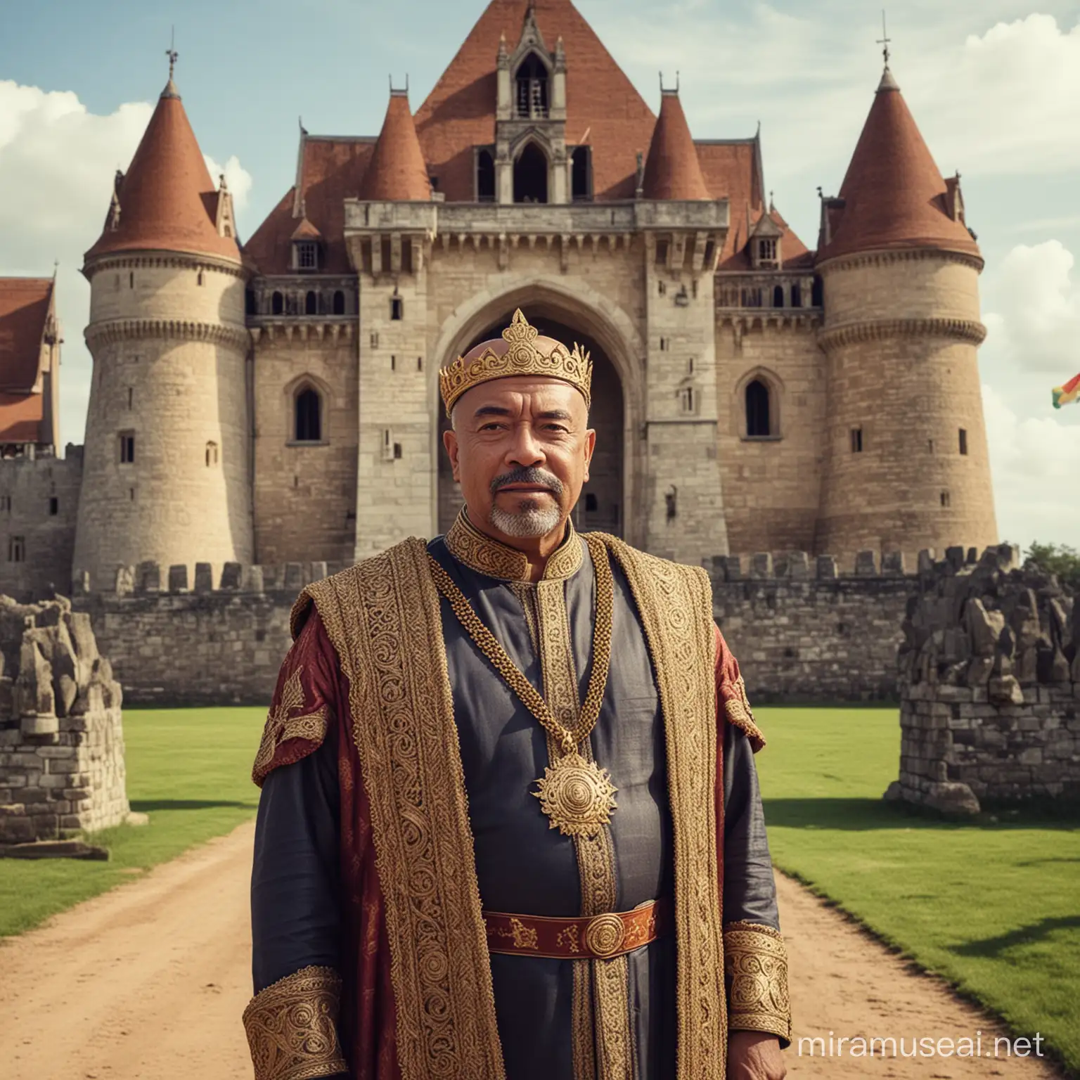 Desi Bouterse as King Standing Before a Majestic 13th Century Castle