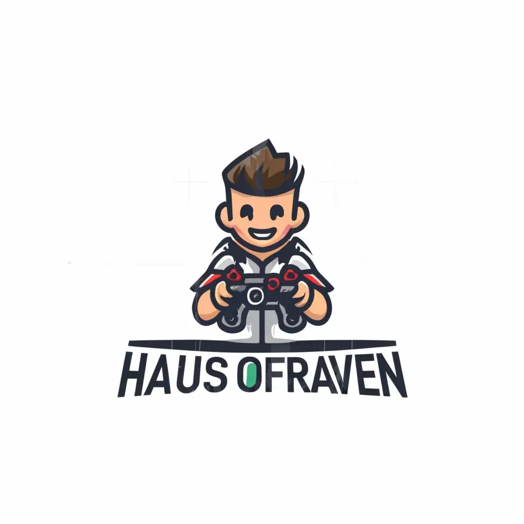 a logo design,with the text "HausOfRaven", main symbol:Playful boy with PS5 controller,Moderate,clear background