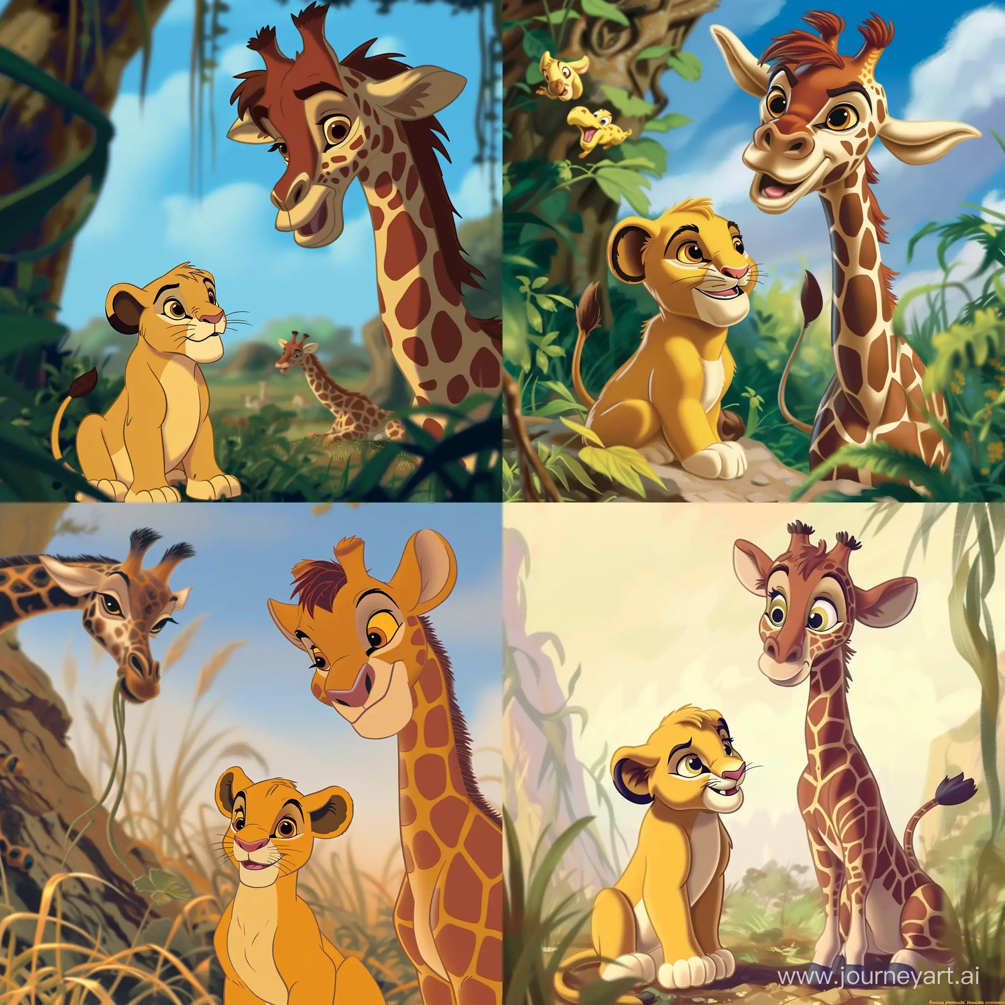Adorable-DisneyStyle-Lion-Cub-and-Giraffe-in-Engaging-Conversation