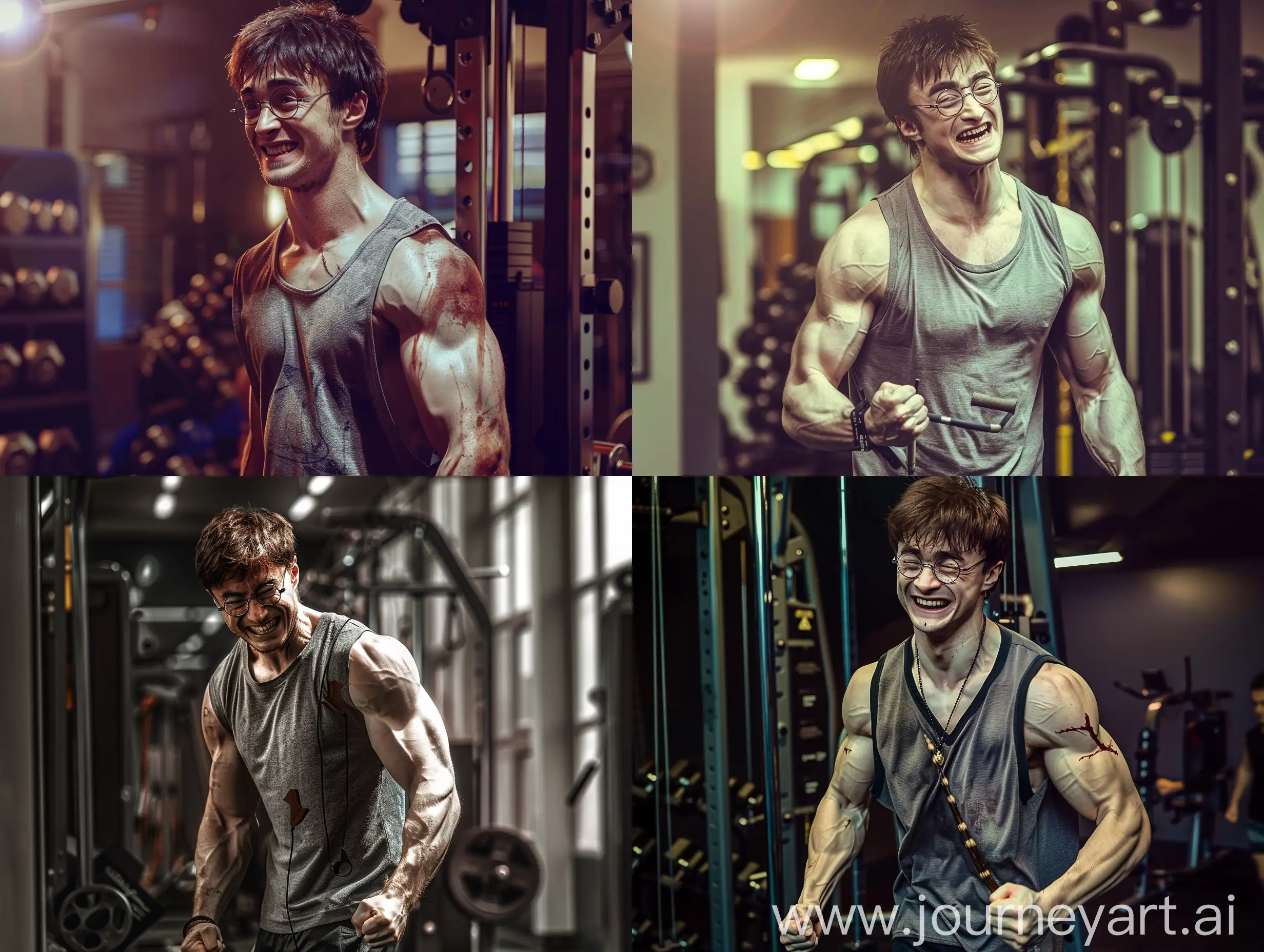 Harry Potter with a muscular body, in Sleeveless shirt sportswear realistic, half body, while grinning, With glasses, Entering the gym, background the gym wizard, cinematic lighting, q2