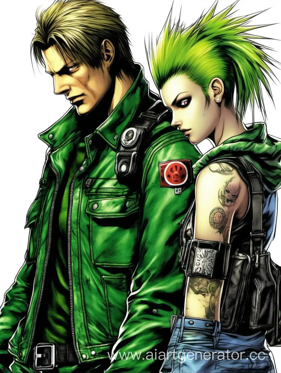25 years old Leon Scott Kennedy from Resident Evil part 4 with punk girl with green mohawk
