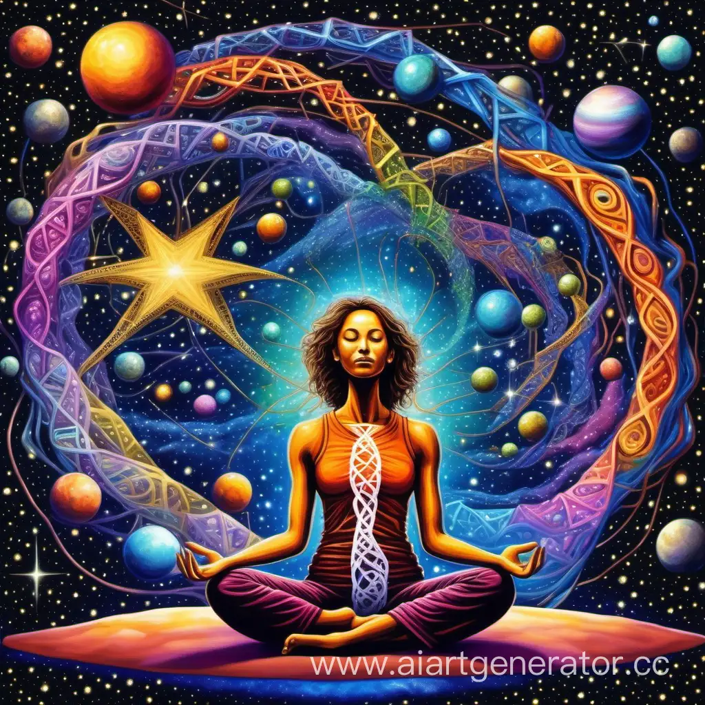 В космосе нити ДНК , звёзды, учитель йоги медитирует, сюрреализм, яркие краски, четкие детали