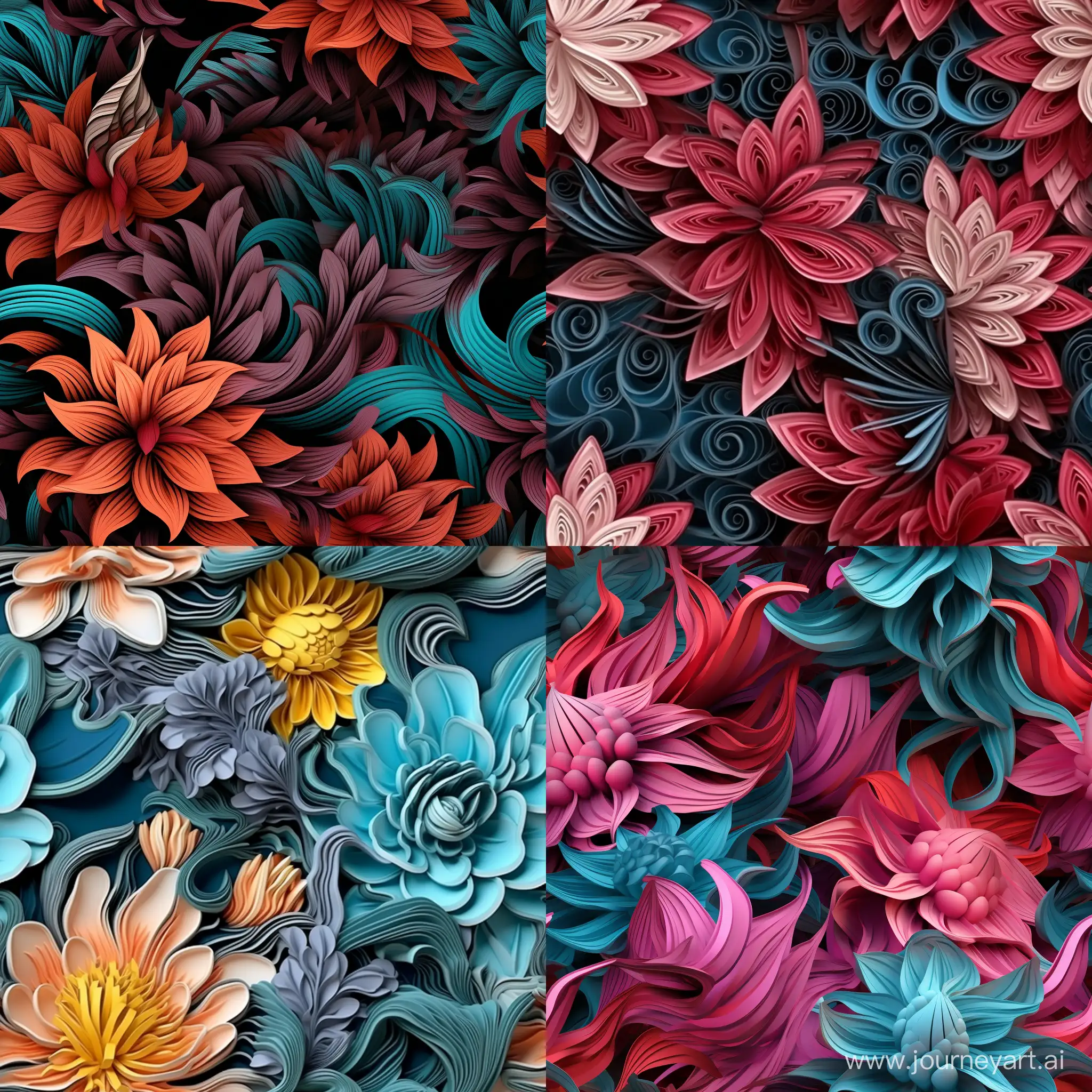 Surreal, 3D floral, dream cord, weird core, tilt, bold and energetic, seamless pattern, fabric art --tile