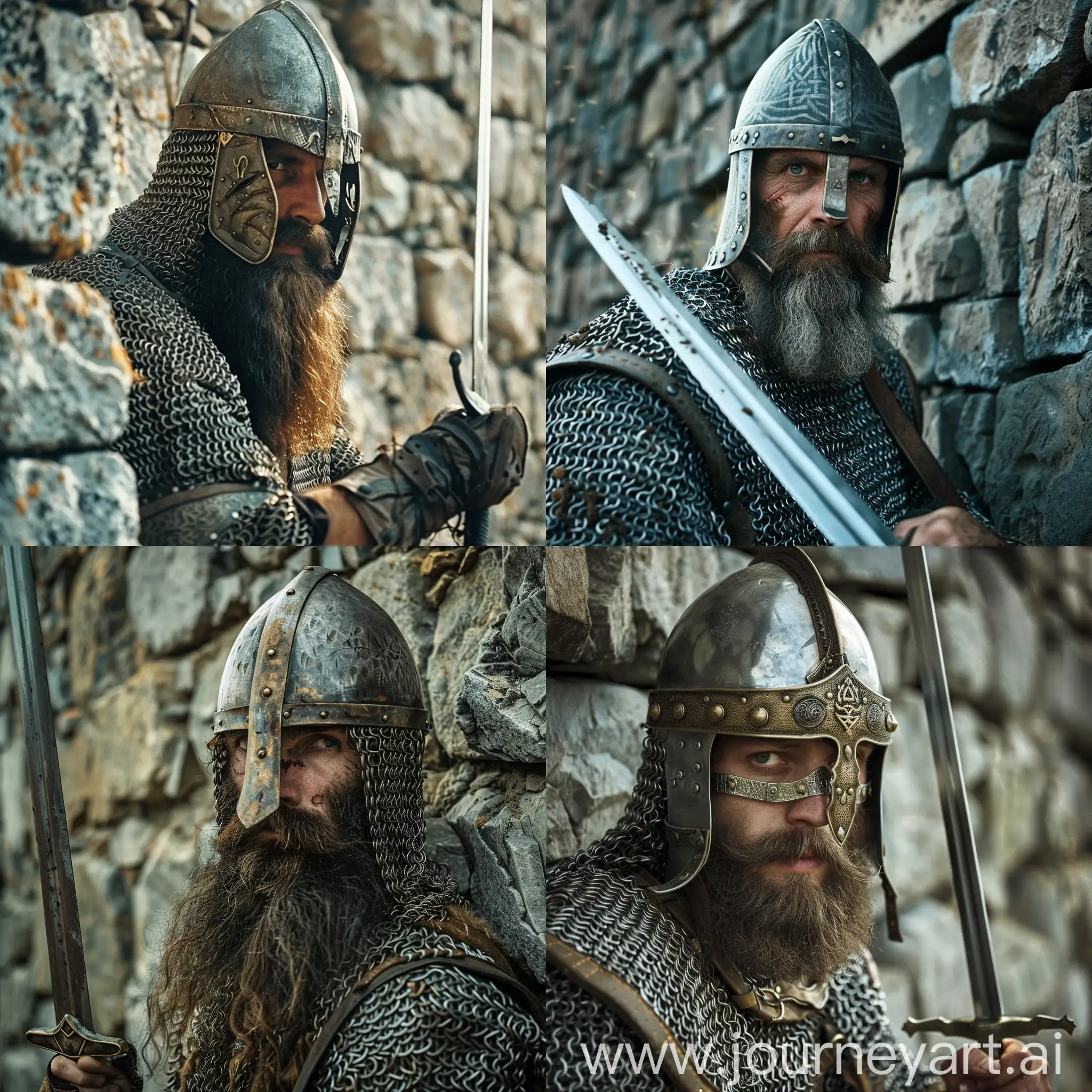 Russian warrior of the 13th century, helmet, beard, chain mail, beautiful, stone wall, epic, sword in hand, cinematic --v 6 --ar 1:1 --no 91580