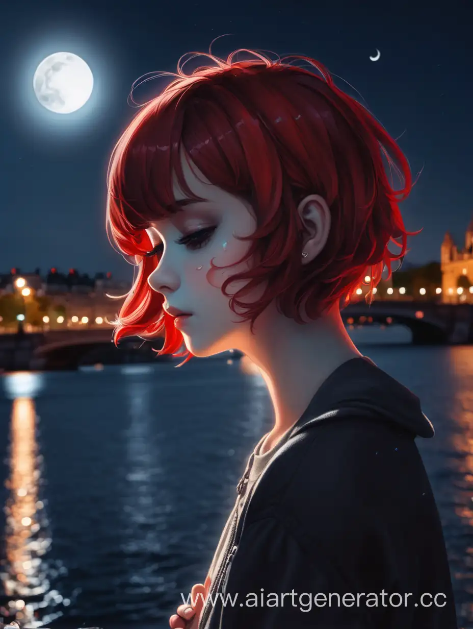 Lonely-Girl-with-Red-Short-Hair-Crying-on-Moonlit-Embankment