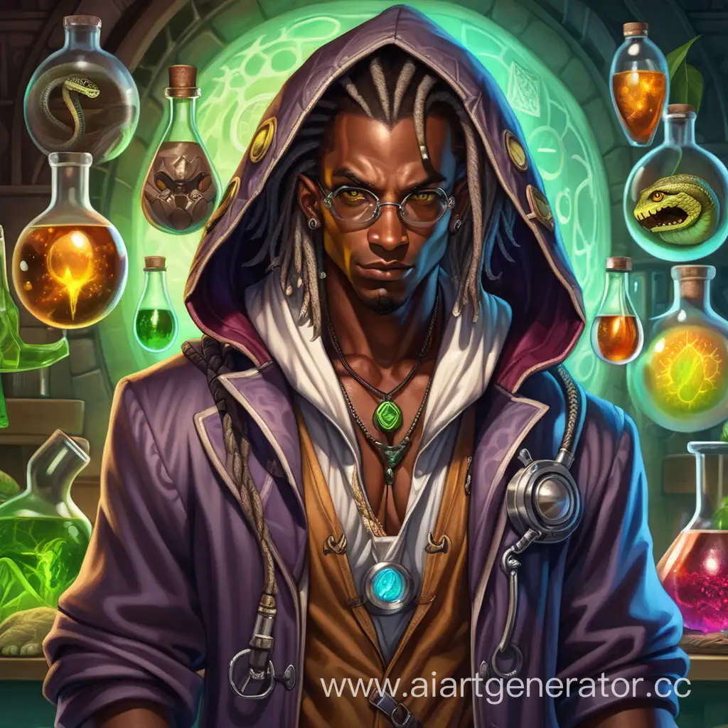 алхимик ученый мутант фэнтэзи разноцветный юный красивый парень, темная кожа, хвост змея, капюшон, змеиные глаза, дреды

