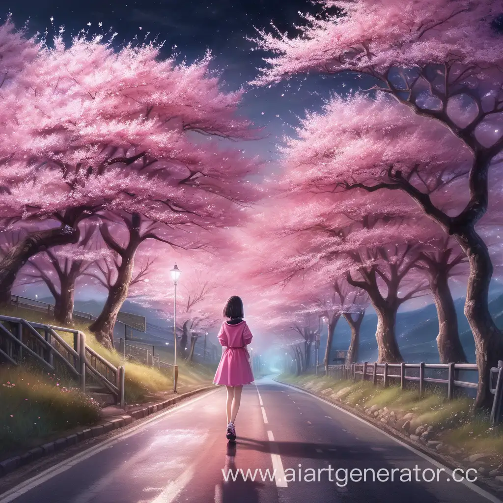 Girl-Riding-Through-Sakura-Blossoms-at-Night