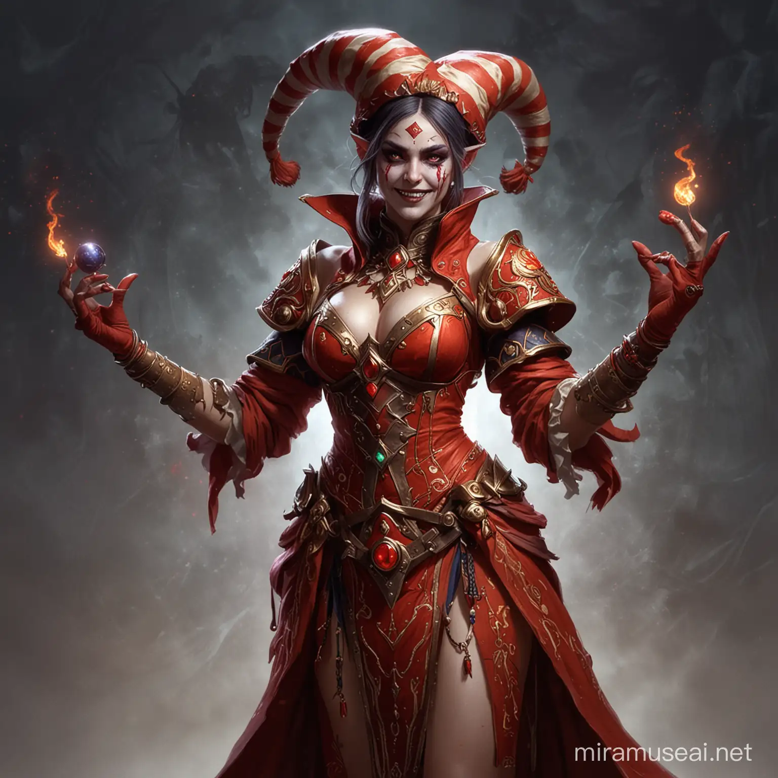 elemental, ethereal from wow, cosmic robe, circus themed, Atziri from the path of exile, fantasy, deity, red colors, two faced being, many limbs, different emotions, elation, jester, trickster pose, menacing, world of warcraft styled, female obscured figure, realistic hands, holding circus-like props