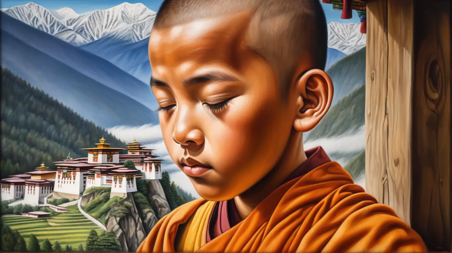 Create Buddhism-inspired intricate painting of the face of a young monk with his eyes closed, and beautiful Bhutan landscape behind him. The frame should be a neck-up tight shot of the monks face facing us directly.