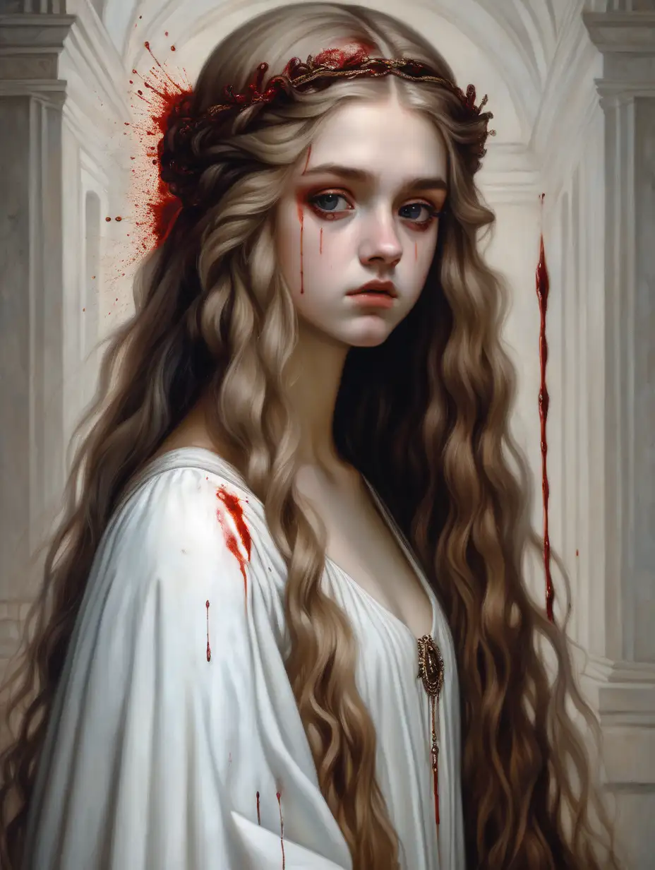 a beautiful young girl with long cascading hair in a white gown with blood on her head stares intensely. in the style of a renaissance painting.