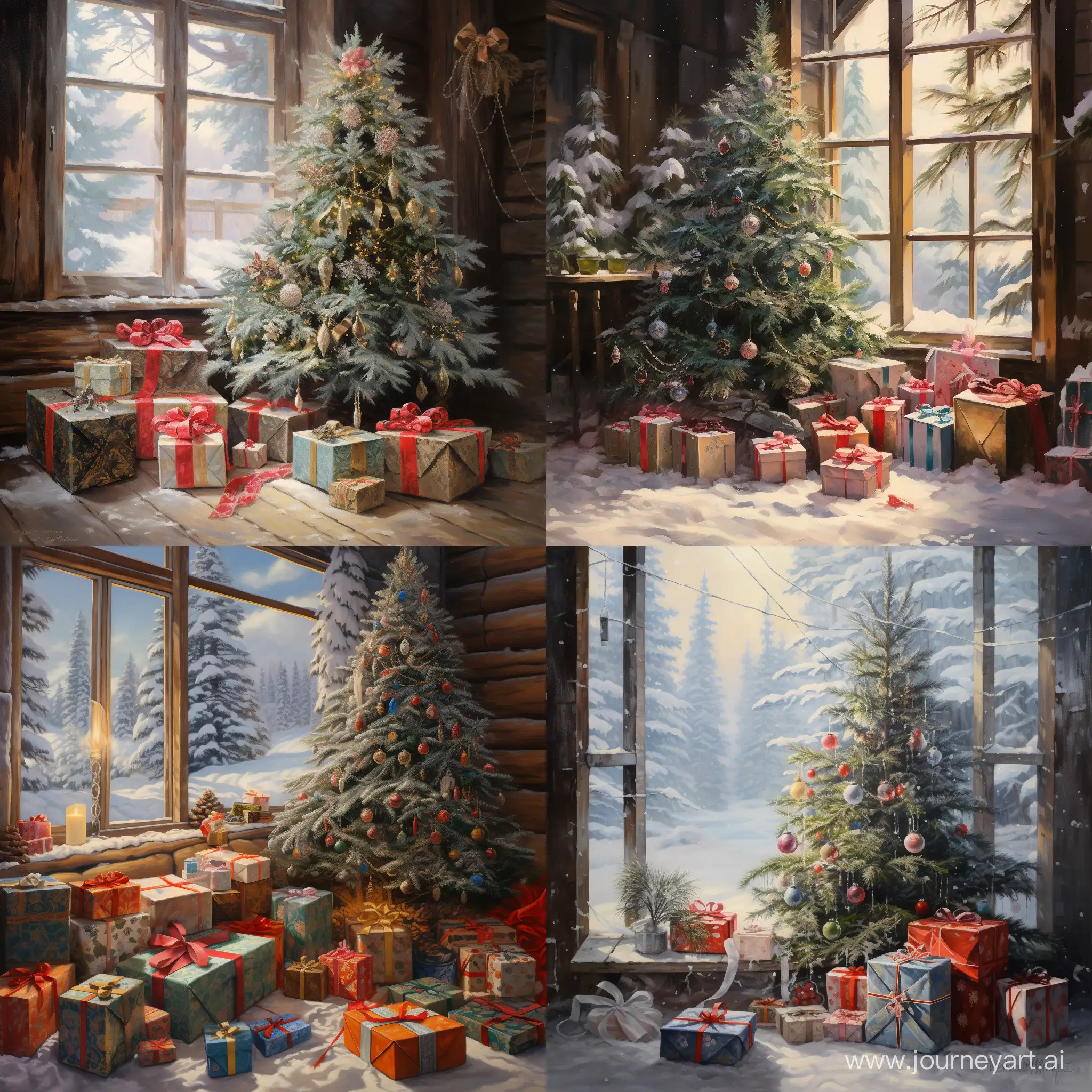 Snowy-Spruce-Trees-with-New-Year-Gifts-Festive-Winter-Scene