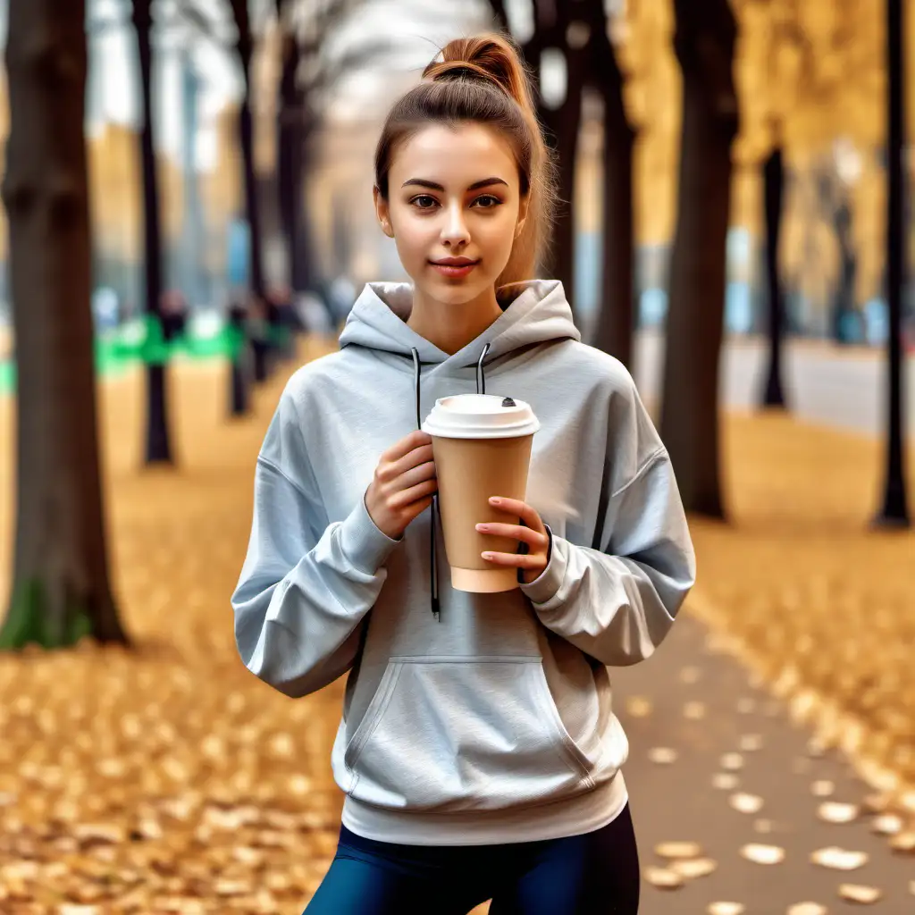 please generate the image of a young woman in a park dressed for jogging and sipping from a coffee paper cup