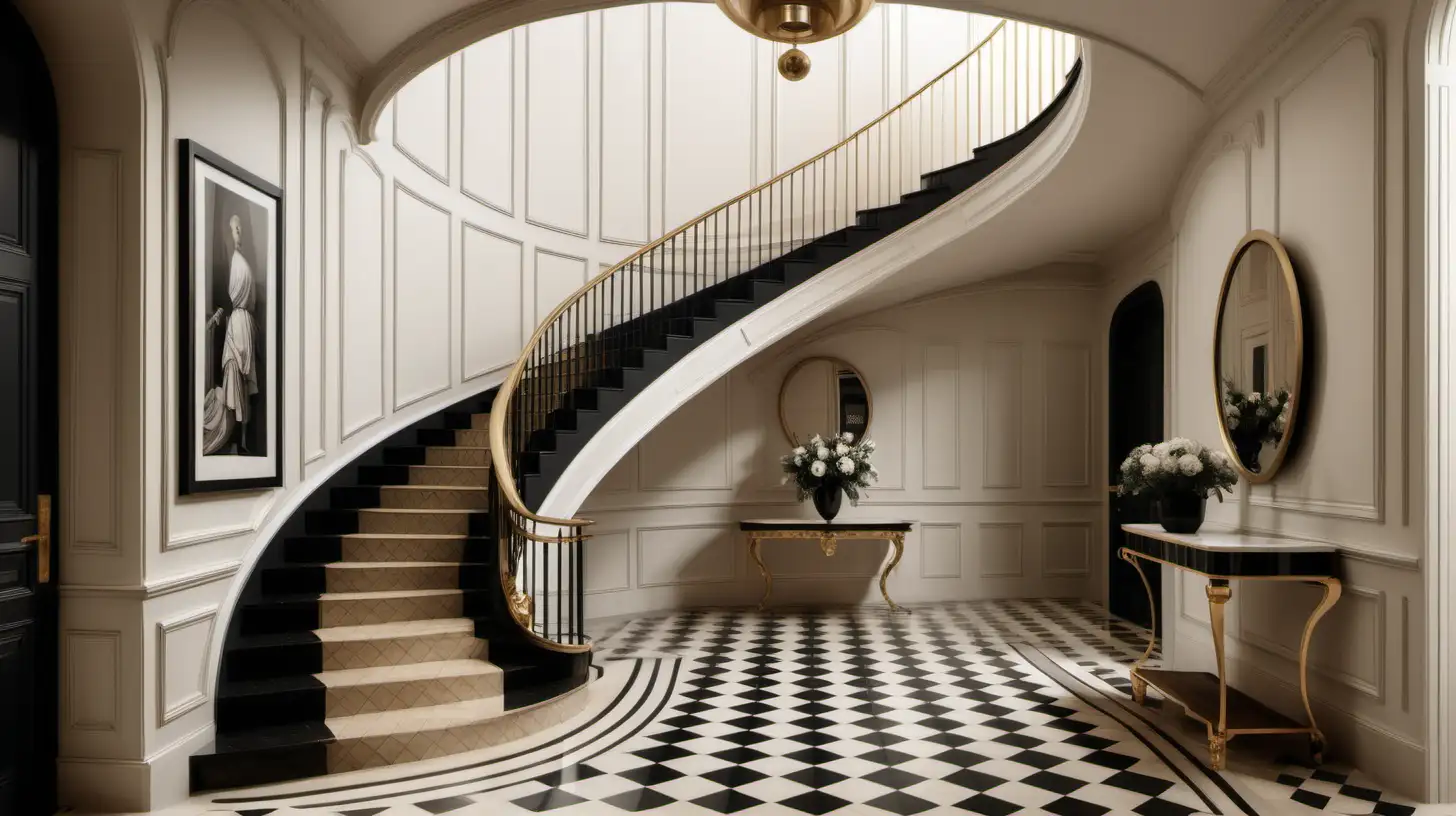 a hyperrealistic Modern Parisian grand entrance foyer with curved imperial staircase; Beige walls; black and white checquered tile floor; modern brass balustrade; wainscotting; oak stairs;
