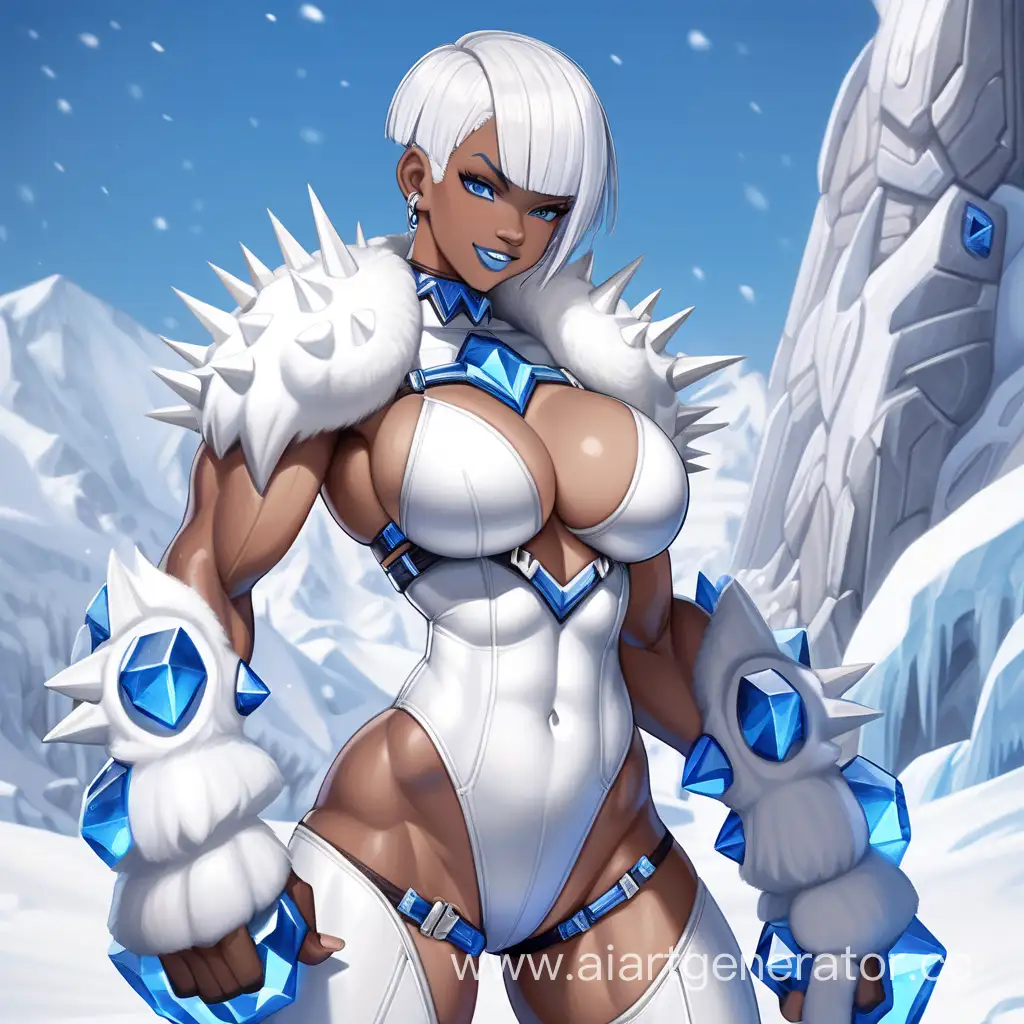 Snow Mountin, 1 Person, Women, Human, White Ice Horns, White Hair, Short hair, Spiky Hairstyle, Dark Brown Skin, White Full Body Suit,  Chocer, Ice Chains, Blue Lipstick, Serious smile, Big Breasts, Blue-eyes, Sharp Eyes, Flexing Muscles, Big Muscular Arms, Big Muscular Legs, Well-toned body, Muscular body,