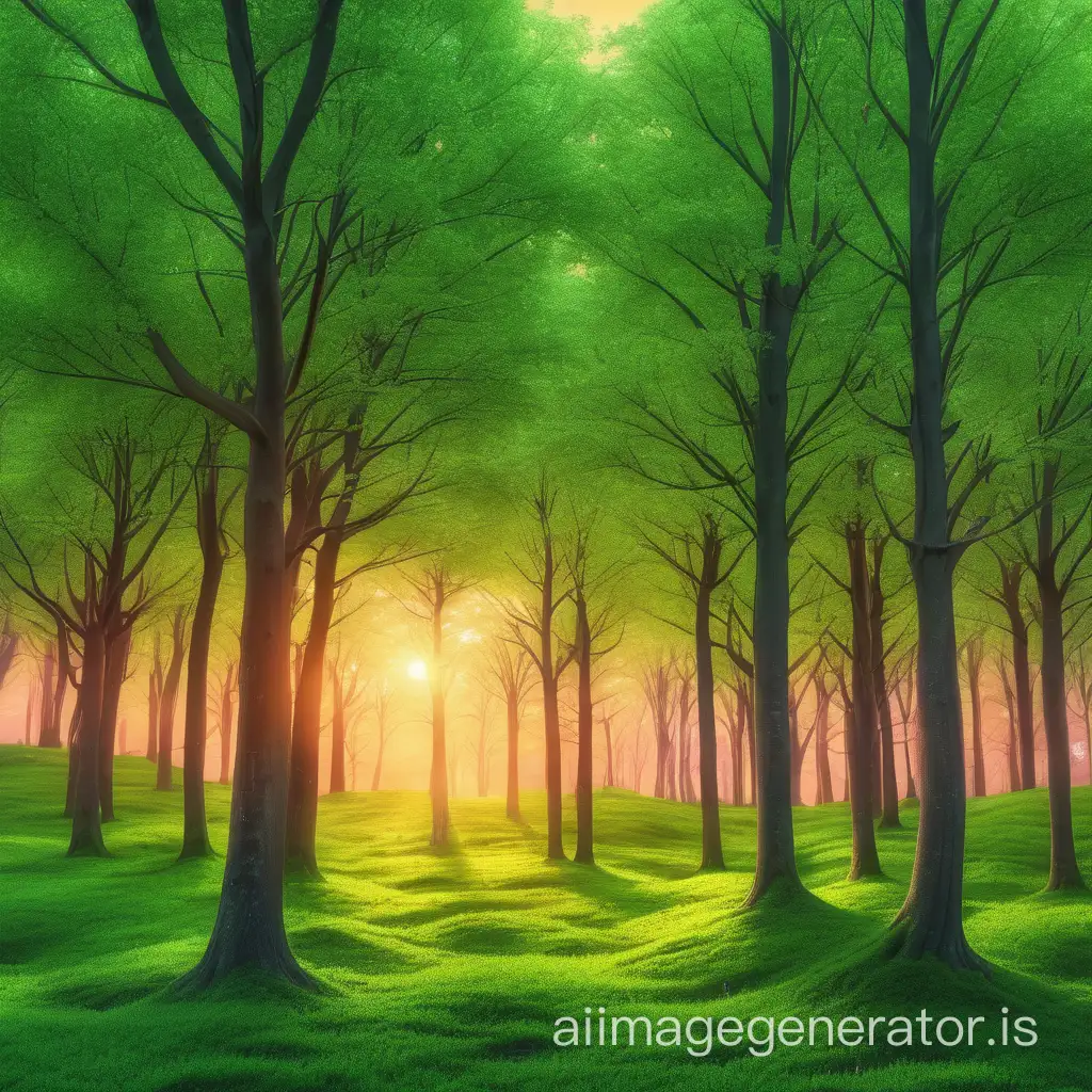 green forest at sunset