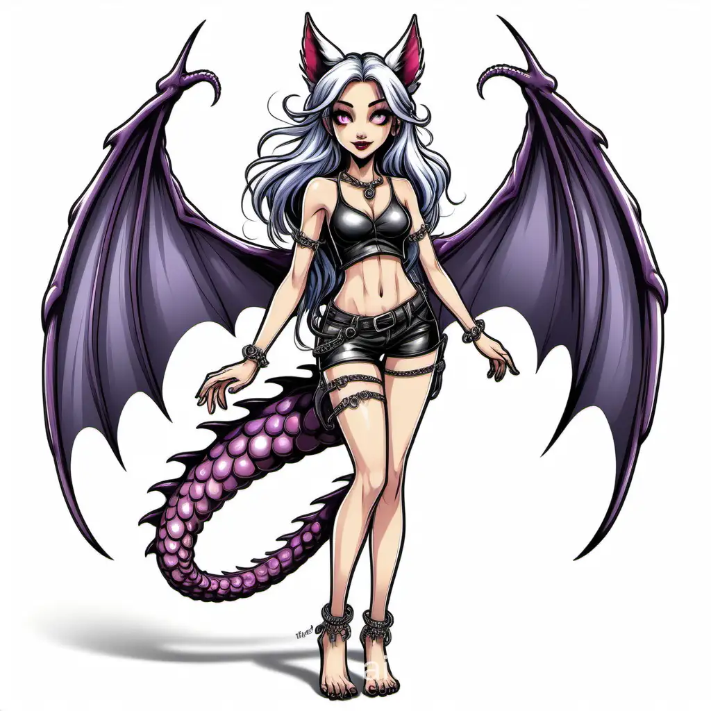 The image is a full body image of a female character with a tentacle arm, fairy wings, wolf ears, dragon tail, harpy feet. White background. the fairy wings are spread out from her back. The character has a cute expression on her face, adding to the charm of the illustration. This female resembles a teenage girl that had wolf ears, long straight hair with a simple circlet that that has dangling diamond jewels. With a matching choker around her neck. She has a human mouth but has one sharp wolf tooth peeking out between her dark pink lips. She has very dark human eyes. Her right arm is a purple tentacle with sharp suckers along the length of it. Her left arm is human with bracelet that matches her circlet. She is wearing a leather crop top with a zipper down the front and matching leather pants. Her feet look like black harpy feet. A dragon tail is swishing behind her coming out from her hips., Coloring Page, black and white, line art, white background, Simplicity, Ample White Space. The background of the coloring page is plain white to make it easy for young children to color within the lines. The outlines of all the subjects are easy to distinguish, making it simple for kids to color without too much difficulty